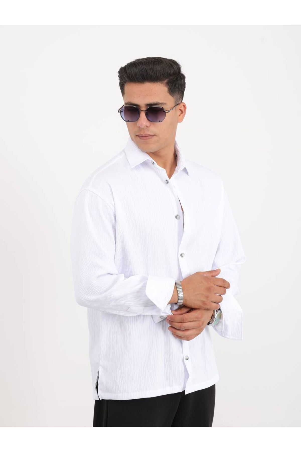 Alpha star Piliseli yırtmaçlı oversize gömlek