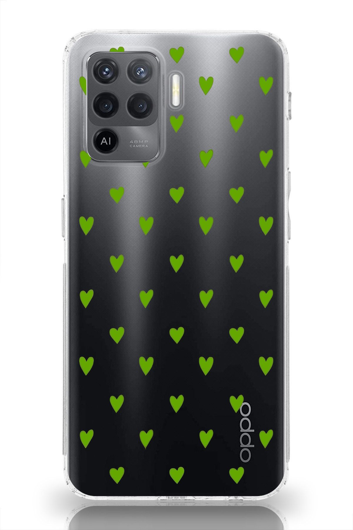 moonset Oppo Reno 5 Lite Uyumlu Yeşil Kalpler Tasarımlı Baskılı Şeffaf Telefon Kılıfı