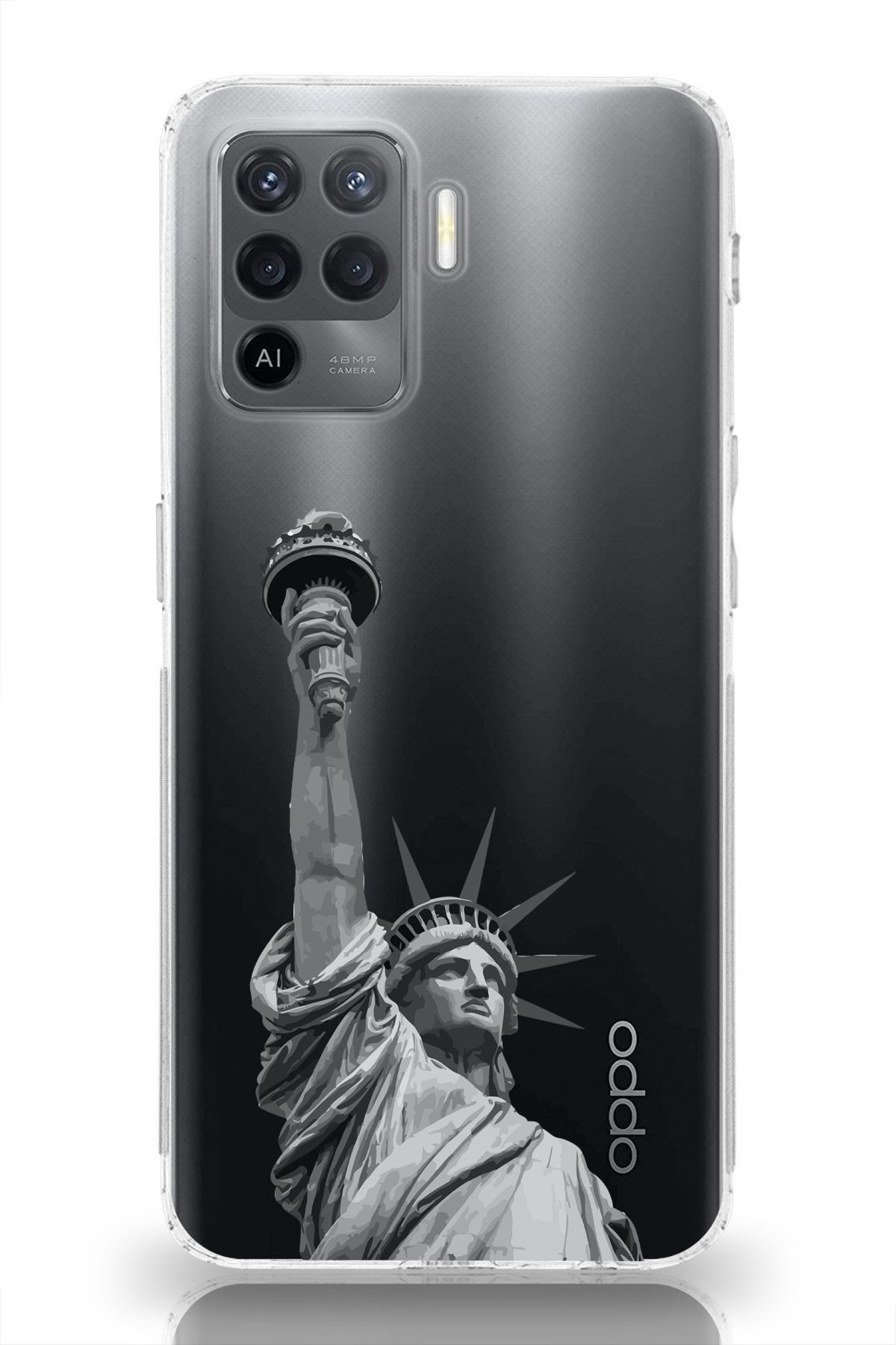 moonset Oppo Reno 5 Lite Uyumlu Özgürlük Heykeli Tasarımlı Baskılı Şeffaf Telefon Kılıfı