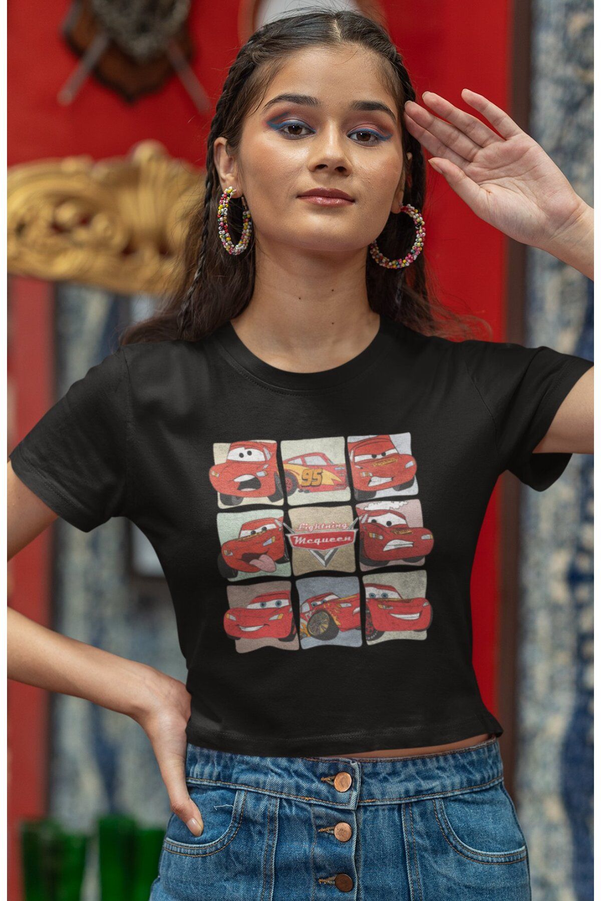 Fuddy Moda Arabalar Baskılı Crop Top, Kadın Şimşek Cars Film Temalı Crop Bluz