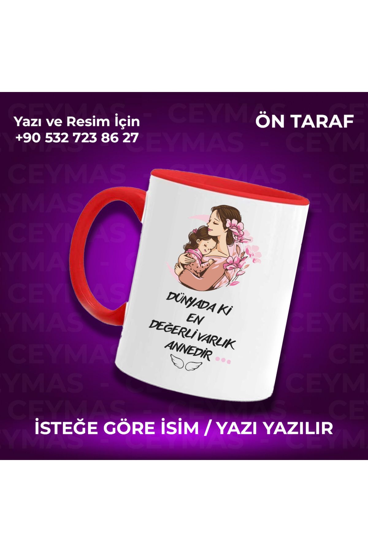 Ceymas Hediyelik Annelere Özel İsimli Anneler Günü Hediyelik Renkli Kupa Bardak