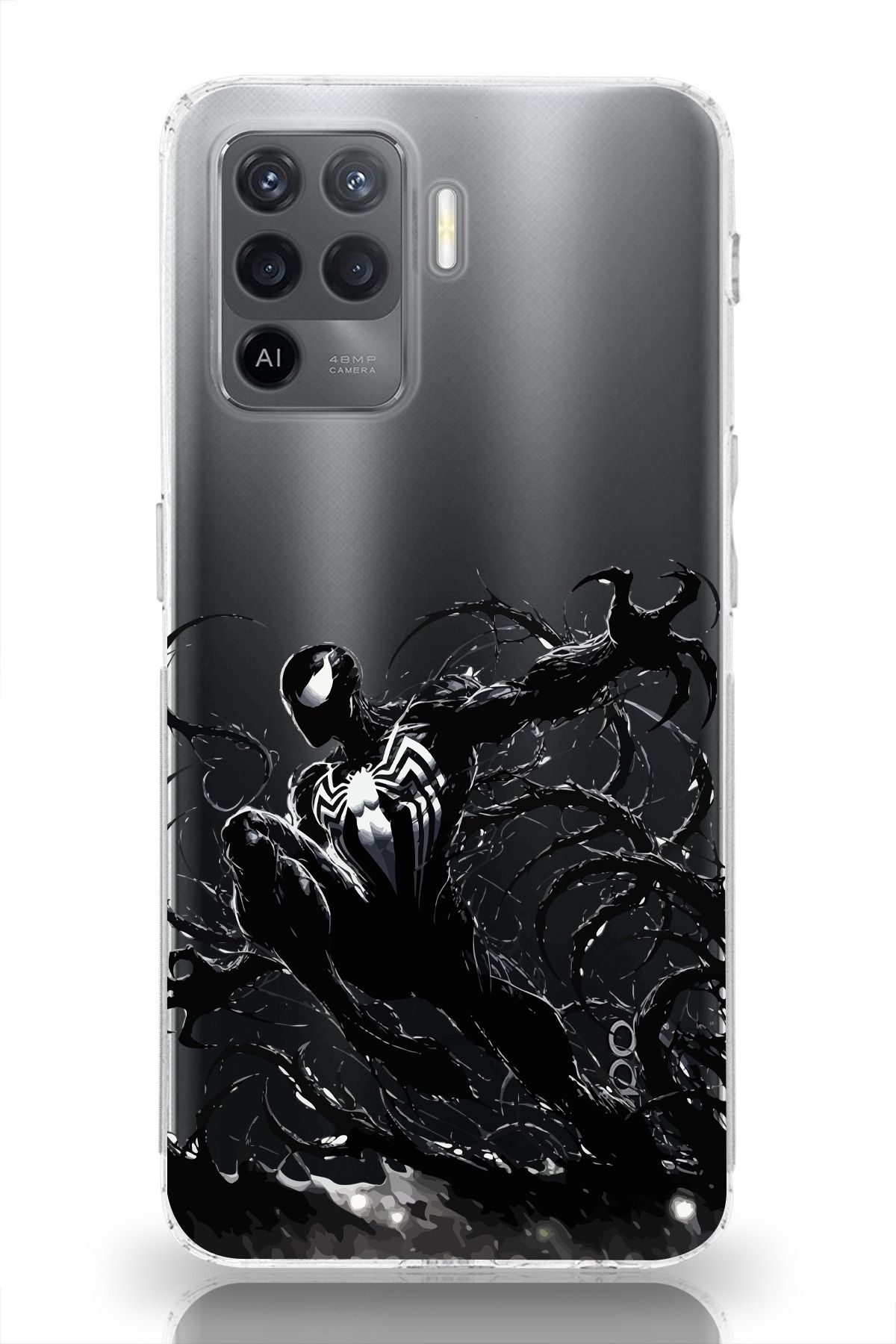 moonset Oppo Reno 5 Lite Uyumlu Siyah Örümcek Tasarımlı Baskılı Şeffaf Telefon Kılıfı