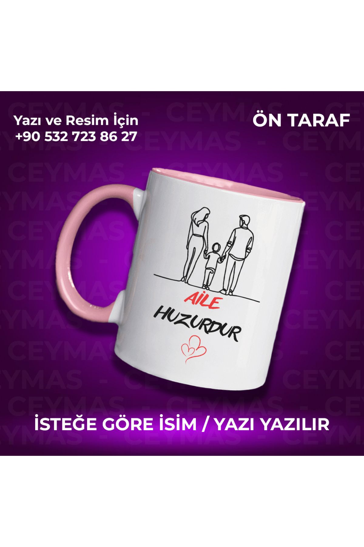 Ceymas Hediyelik Kişiye Özel İsimli Aile Huzurdur Baskılı Hediyelik Renkli Kupa Bardak