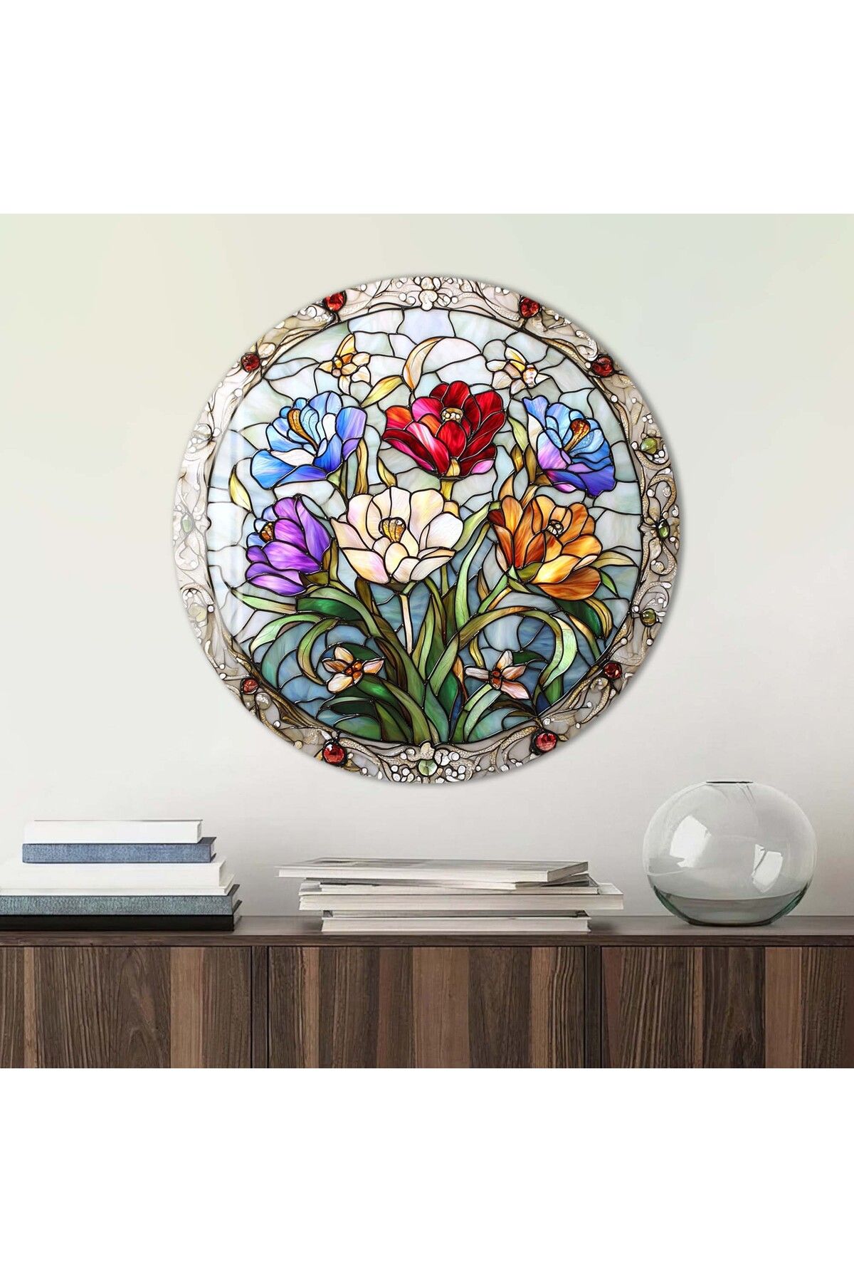 Artmate Yuvarlak Temperli Kırılmaz Çiçek Cam Tablo
