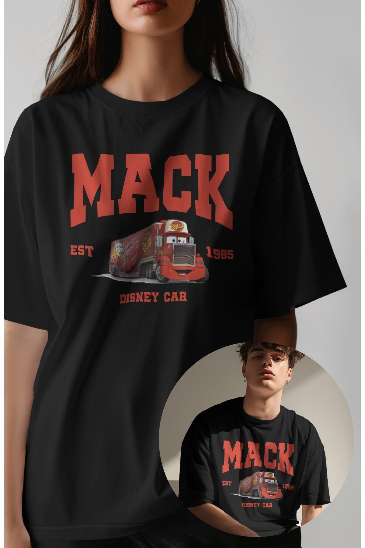 Fuddy Moda Unisex Arabalar Mack Est 1985 Baskılı Tişört, Oversize Cars Film Temalı T-Shirt