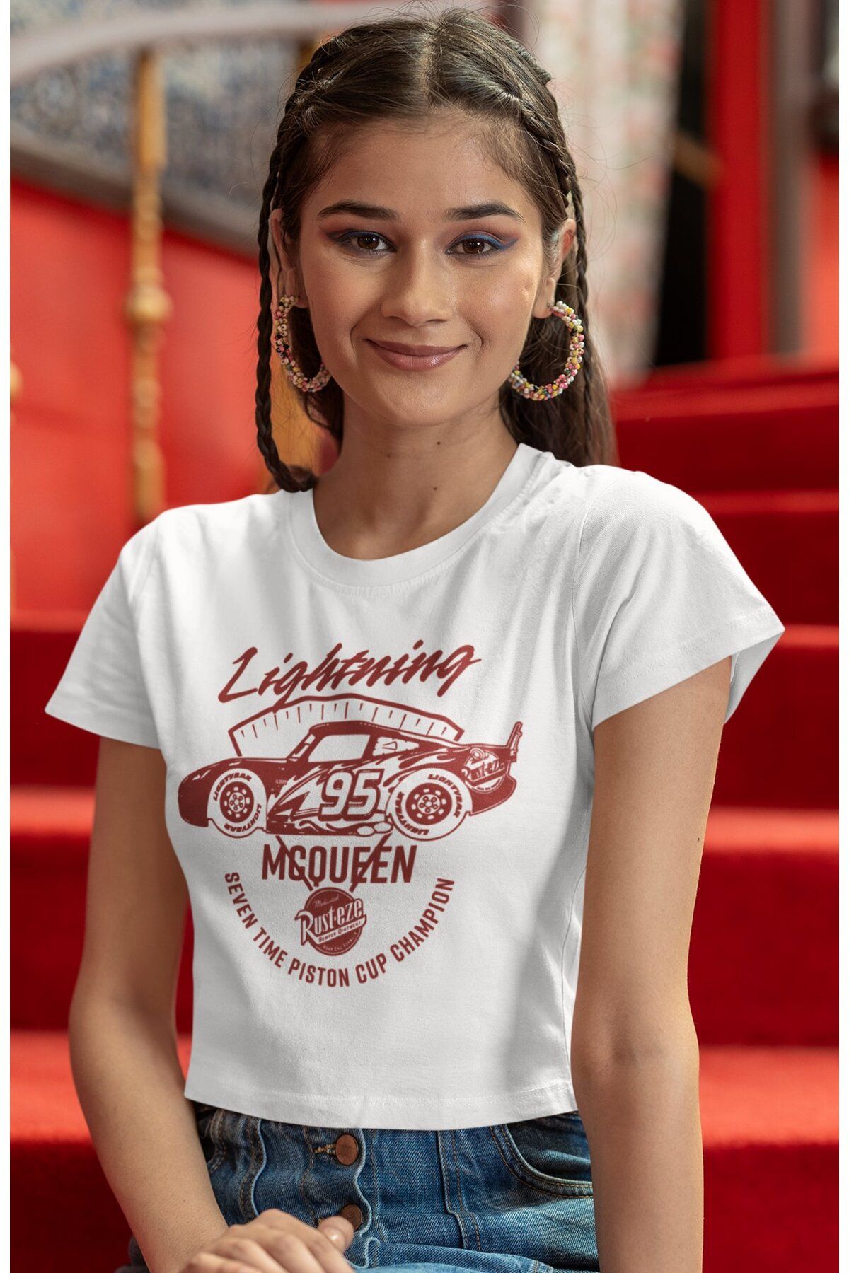 Fuddy Moda 95 Cars Baskılı Crop Top, Kadın Arabalar Film Temalı Crop Bluz