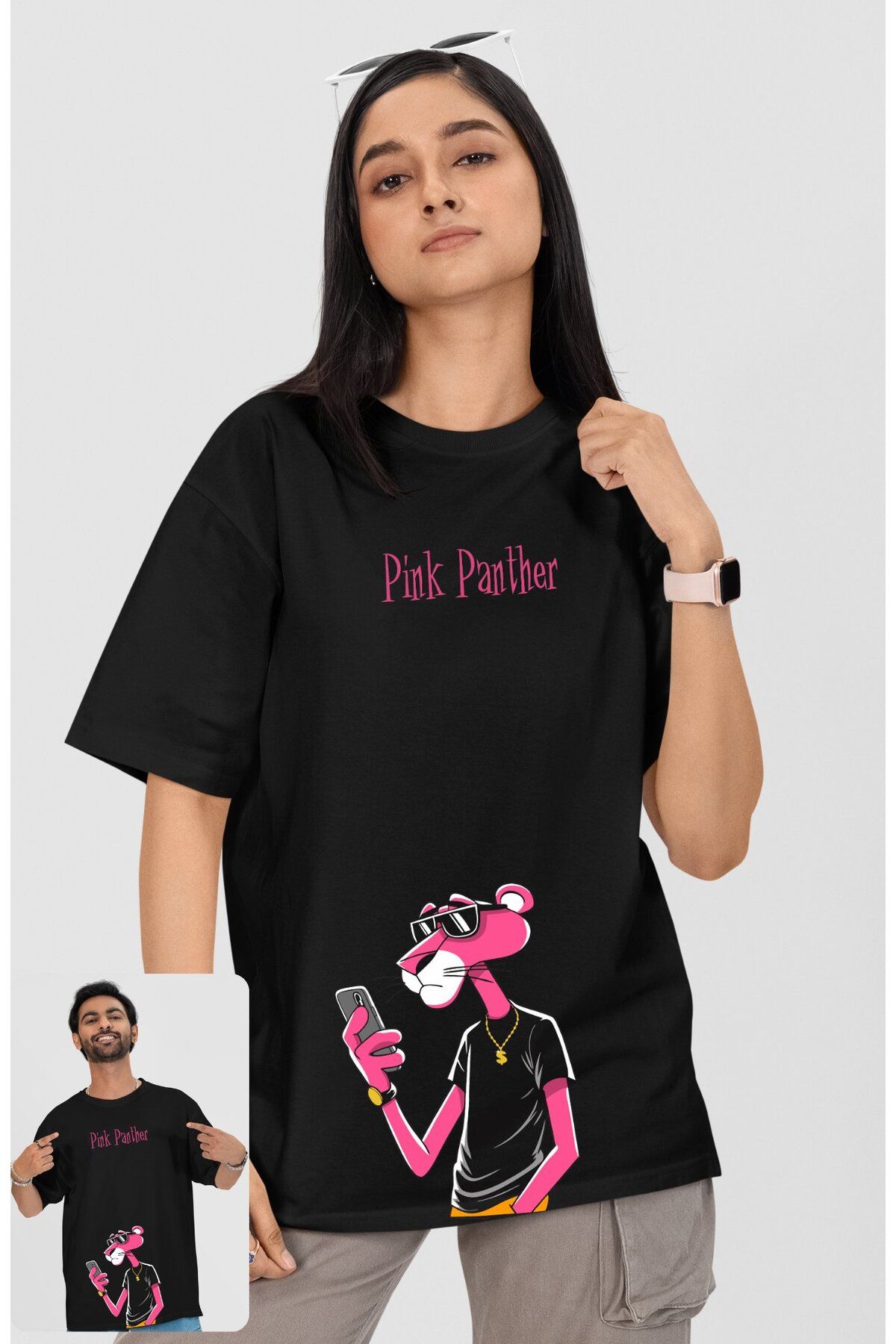Fuddy Moda Unisex Pink Panther Yazılı Tişört, Oversize Cool Pembe Panter Baskılı T-Shirt