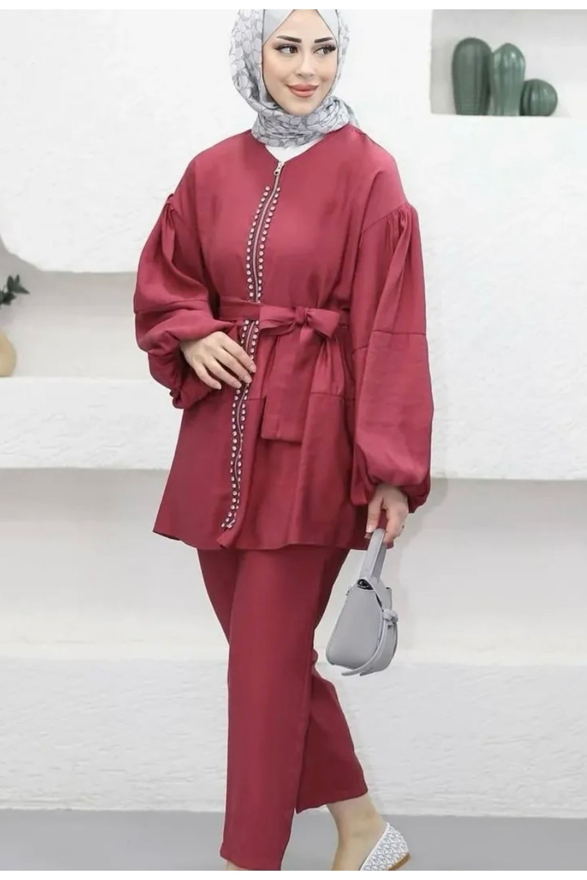 Butik Bordo Taşlı Takım