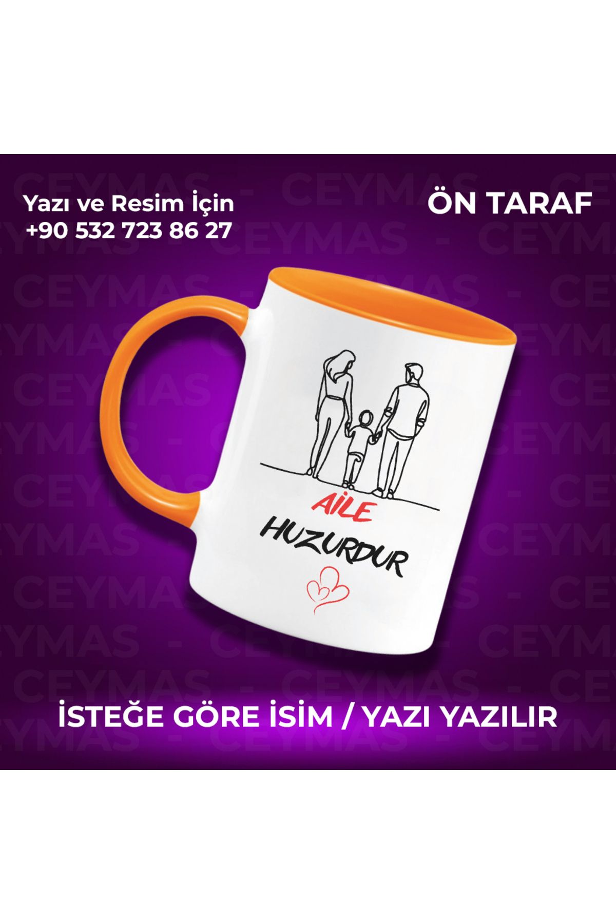 Ceymas Hediyelik Kişiye Özel İsimli Aile Huzurdur Baskılı Hediyelik Renkli Kupa Bardak