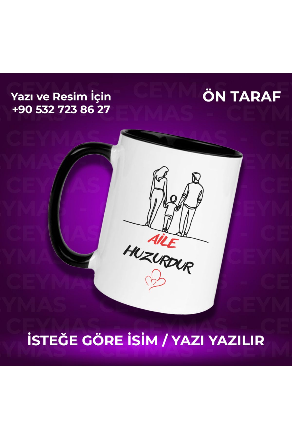 Ceymas Hediyelik Kişiye Özel İsimli Aile Huzurdur Baskılı Hediyelik Renkli Kupa Bardak
