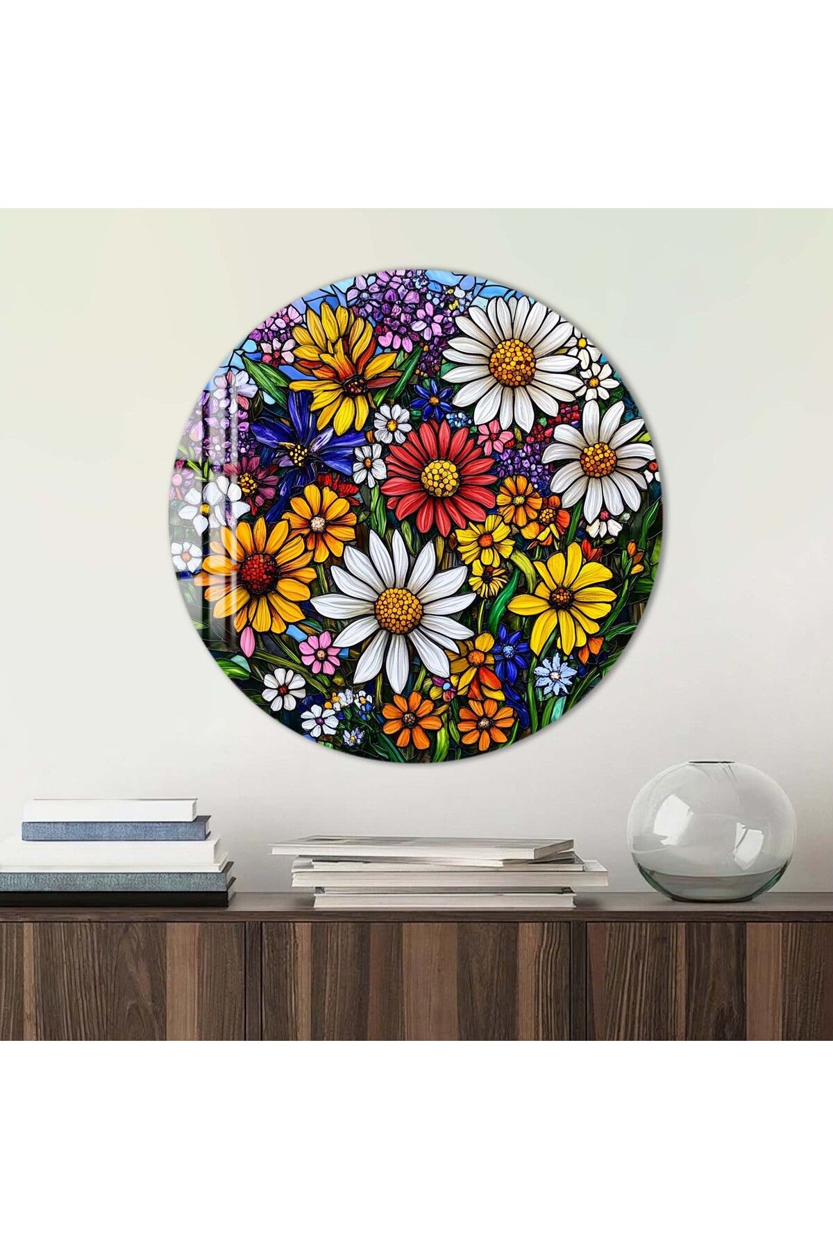 Artmate Yuvarlak Temperli Kırılmaz Çiçek Cam Tablo