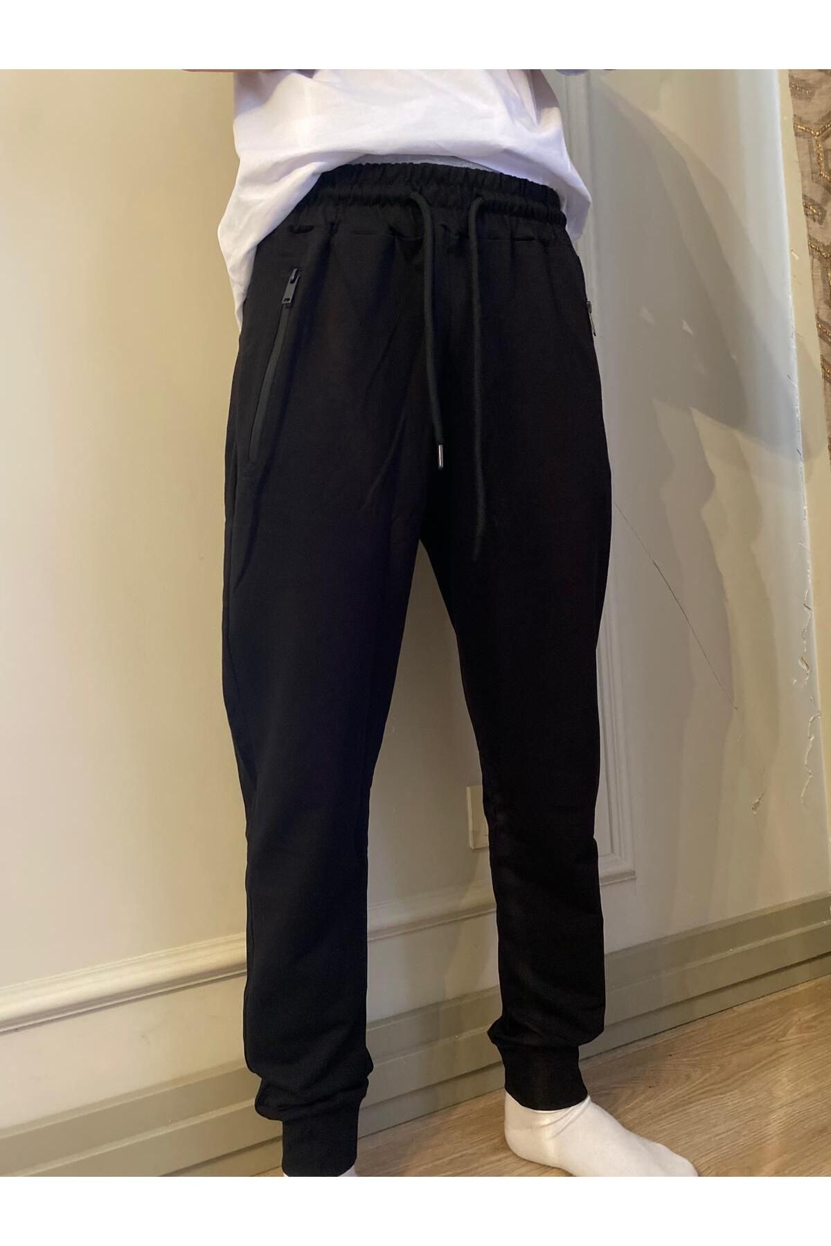 DÜVEN Erkek Siyah Standart Fit Normal Kesim 2 Iplik Cepli Cool & Comfort Pamuklu Jogger Eşofman Altı