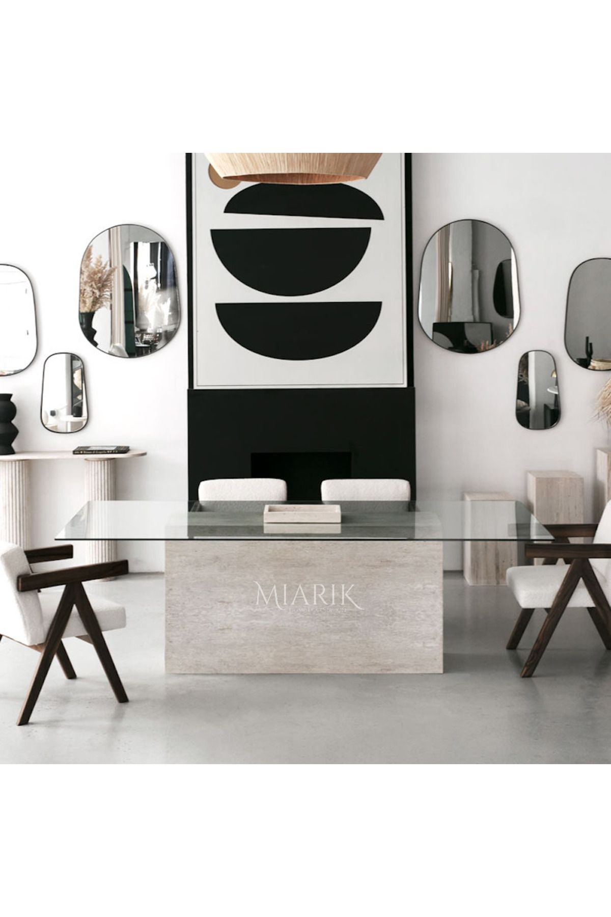 MIARIK DESIGN Taika - Traverten Cam Tablali Yemek Masasi