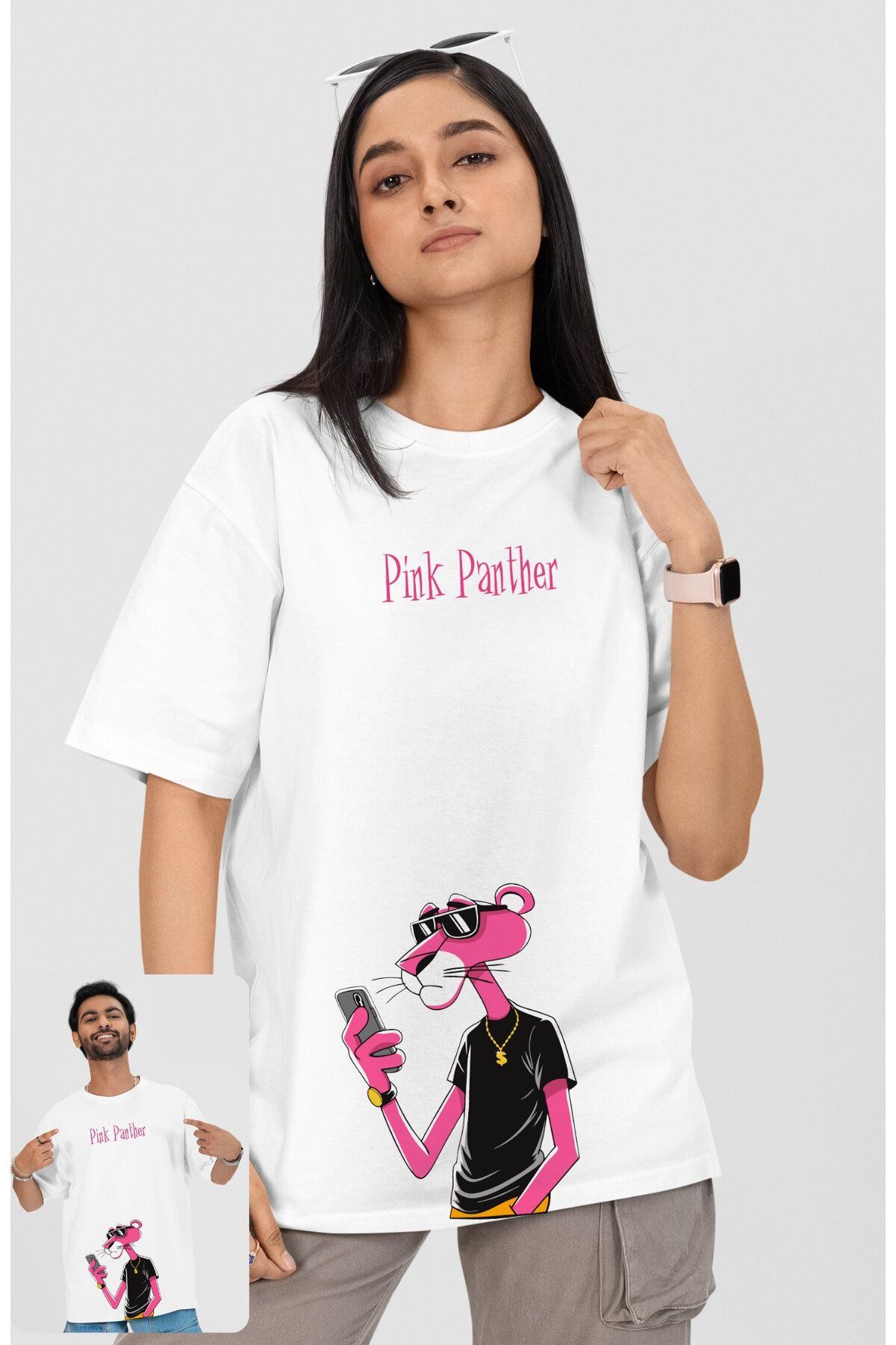 Fuddy Moda Unisex Pink Panther Yazılı Tişört, Oversize Cool Pembe Panter Baskılı T-Shirt