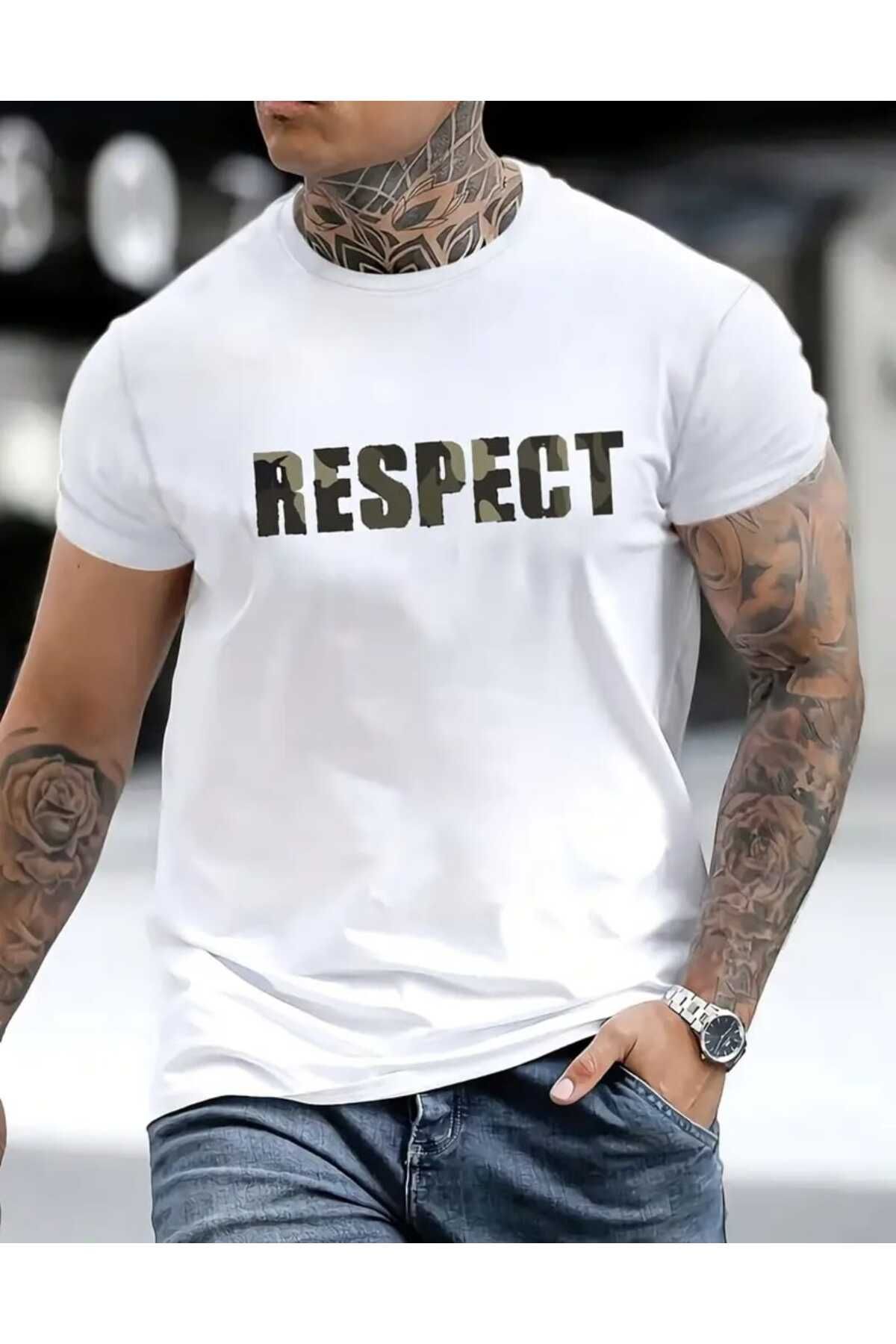 TekTarzz Unisex Erkek Respect Kamuflaj Baskılı Tshirt