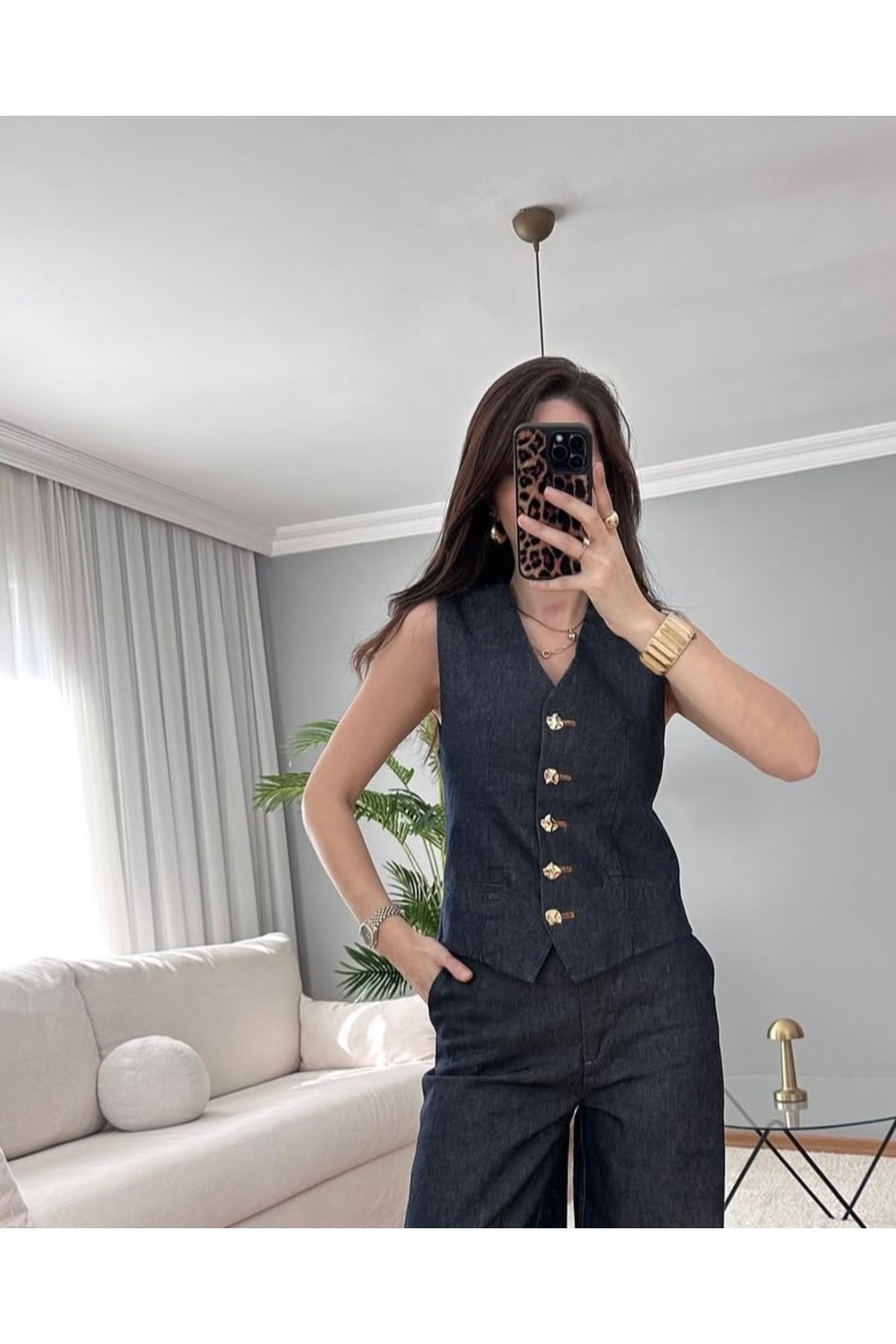 Butik Gold Düğmeli Denim Yelek