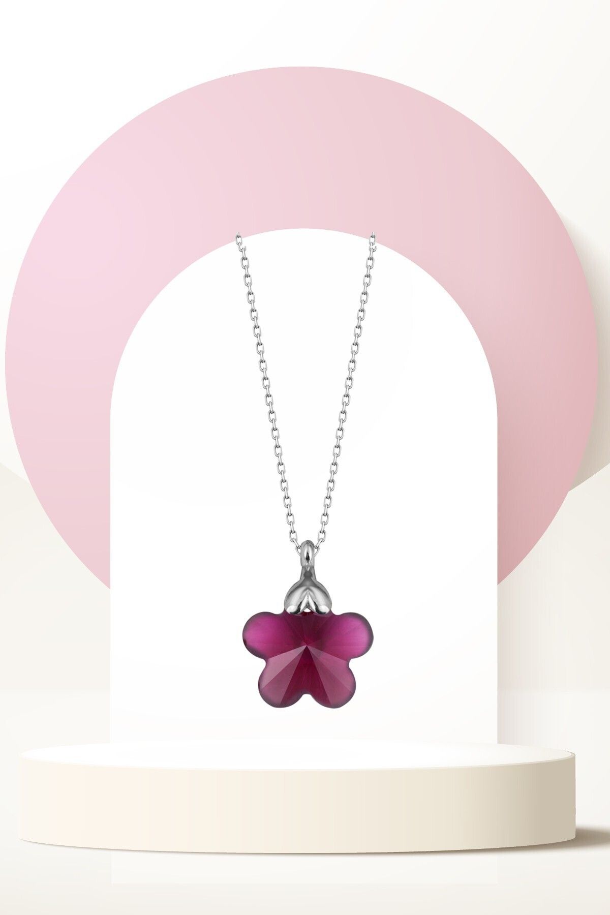 Swarovski Zirconia Crystal Taşlı Fushia Papatya Kolye Kadın Çiçek Model