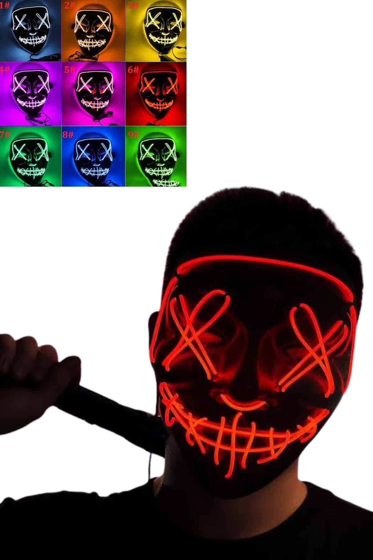 FTA TİCARET Led Işıklı Neon Maske Cadılar Bayramı Maskesi Korkunç Korku Maskesi