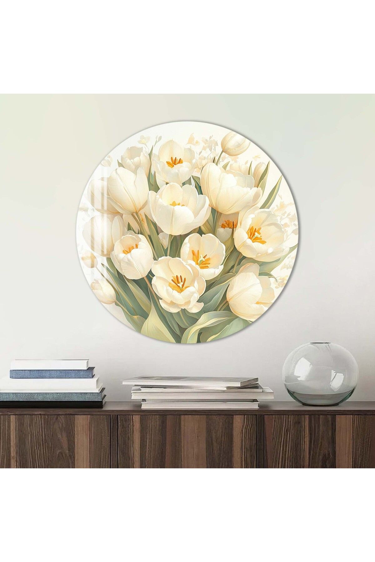 Artmate Yuvarlak Temperli Kırılmaz Çiçek Cam Tablo