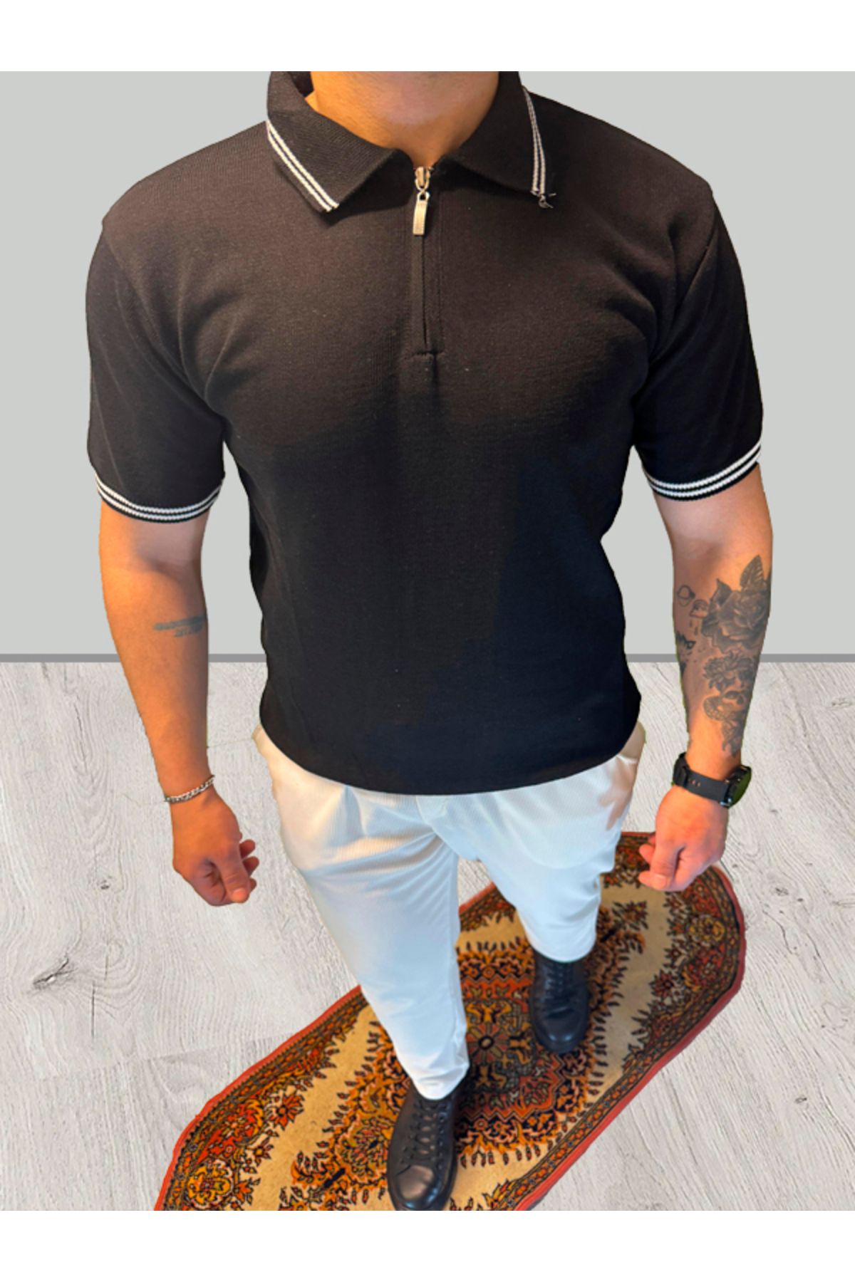 Athleon Yakası Şeritli Siyah Polo Yaka Lux Premium Tişört