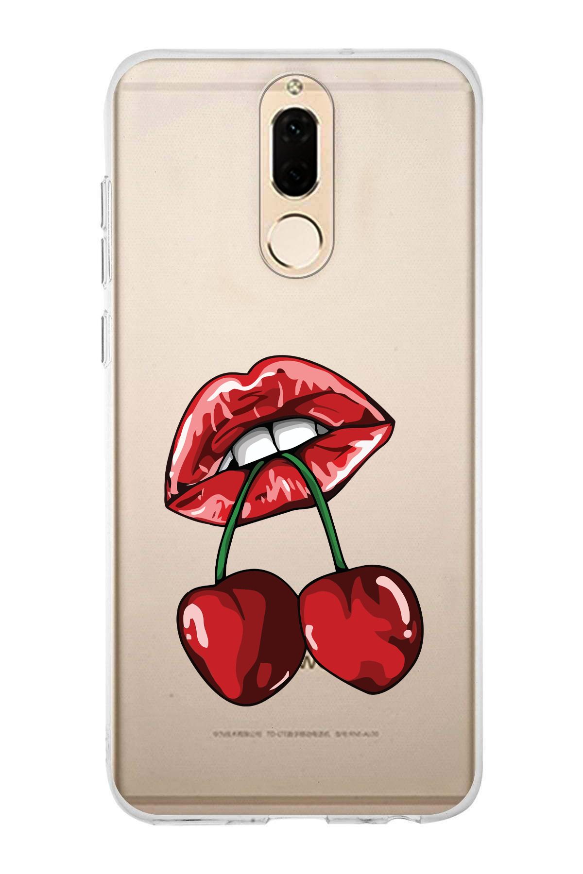 moonset Huawei Mate 10 Lite Uyumlu Dudak ve Kiraz Tasarımlı Baskılı Şeffaf Telefon Kılıfı