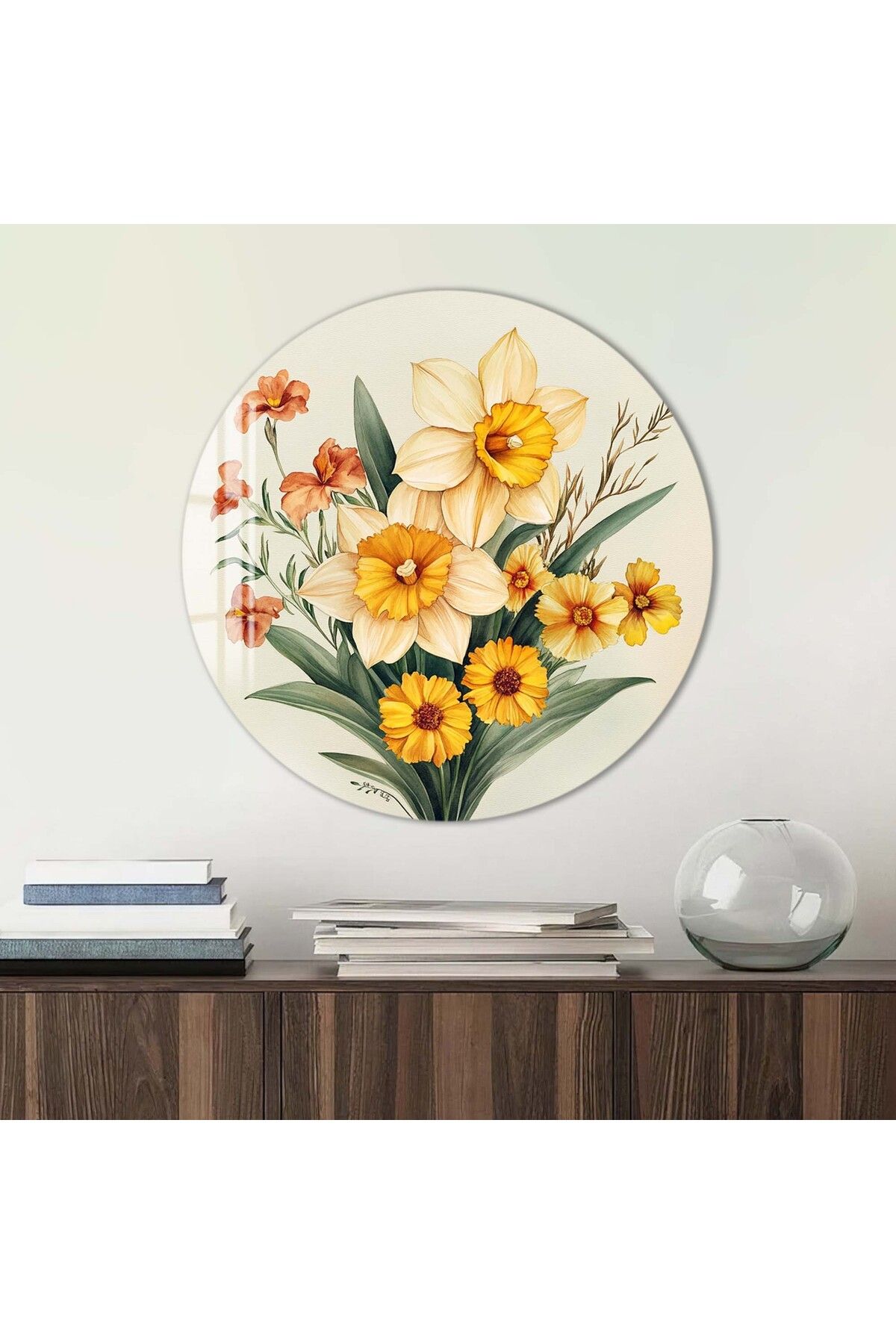 Artmate Yuvarlak Temperli Kırılmaz Çiçek Cam Tablo