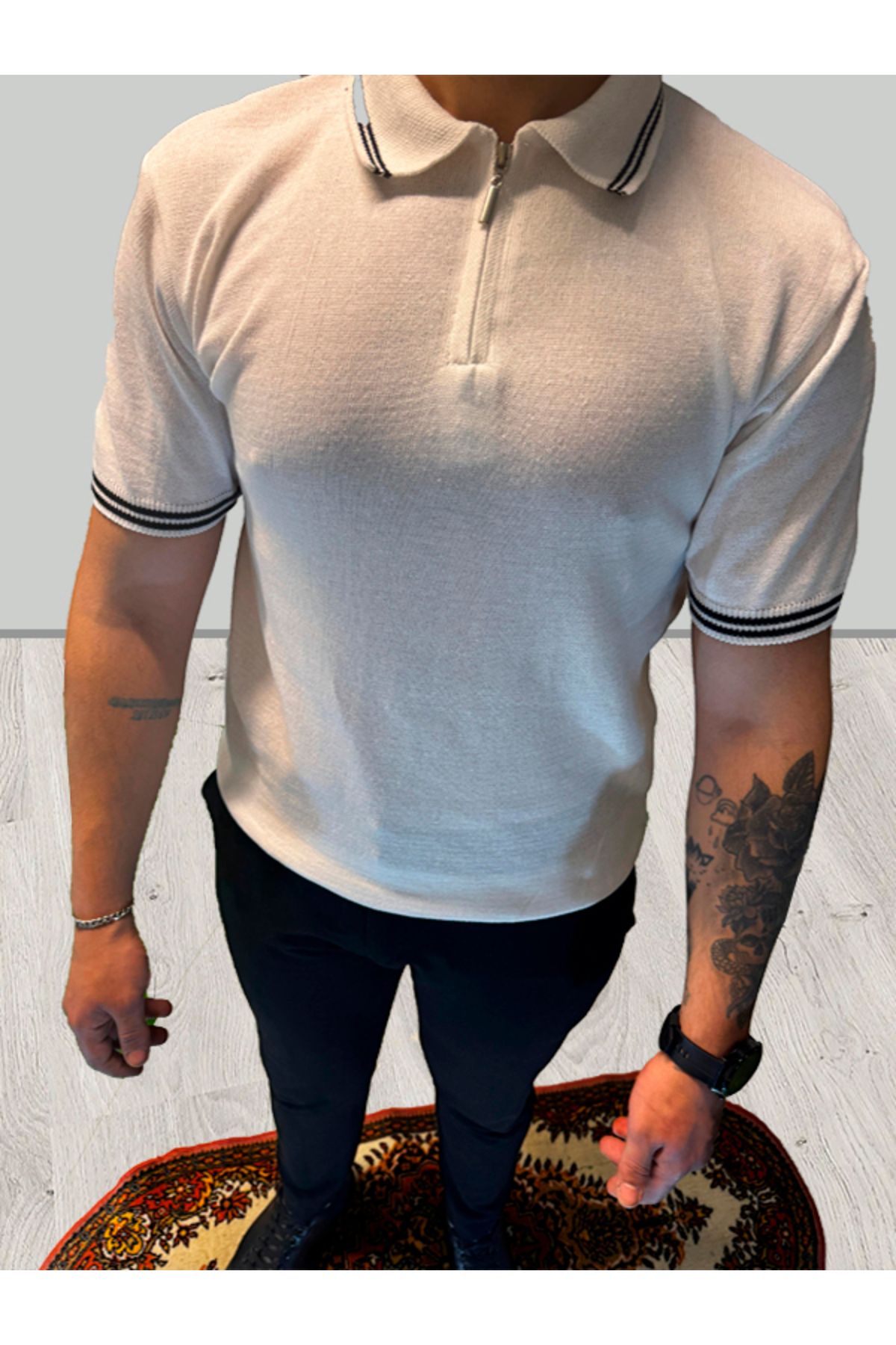 Athleon Yakası Şeritli Beyaz Polo Yaka Lux Premium Tişört