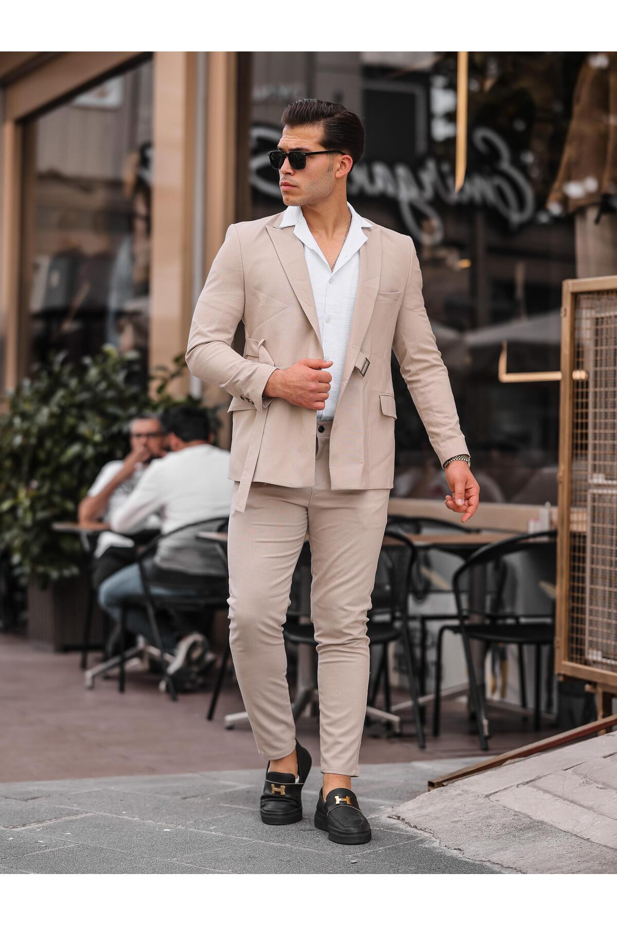 Erkek Slim Fit Dar Kesim Takım Elbise — بژ TKM-0001 — تصویر 5 از 5