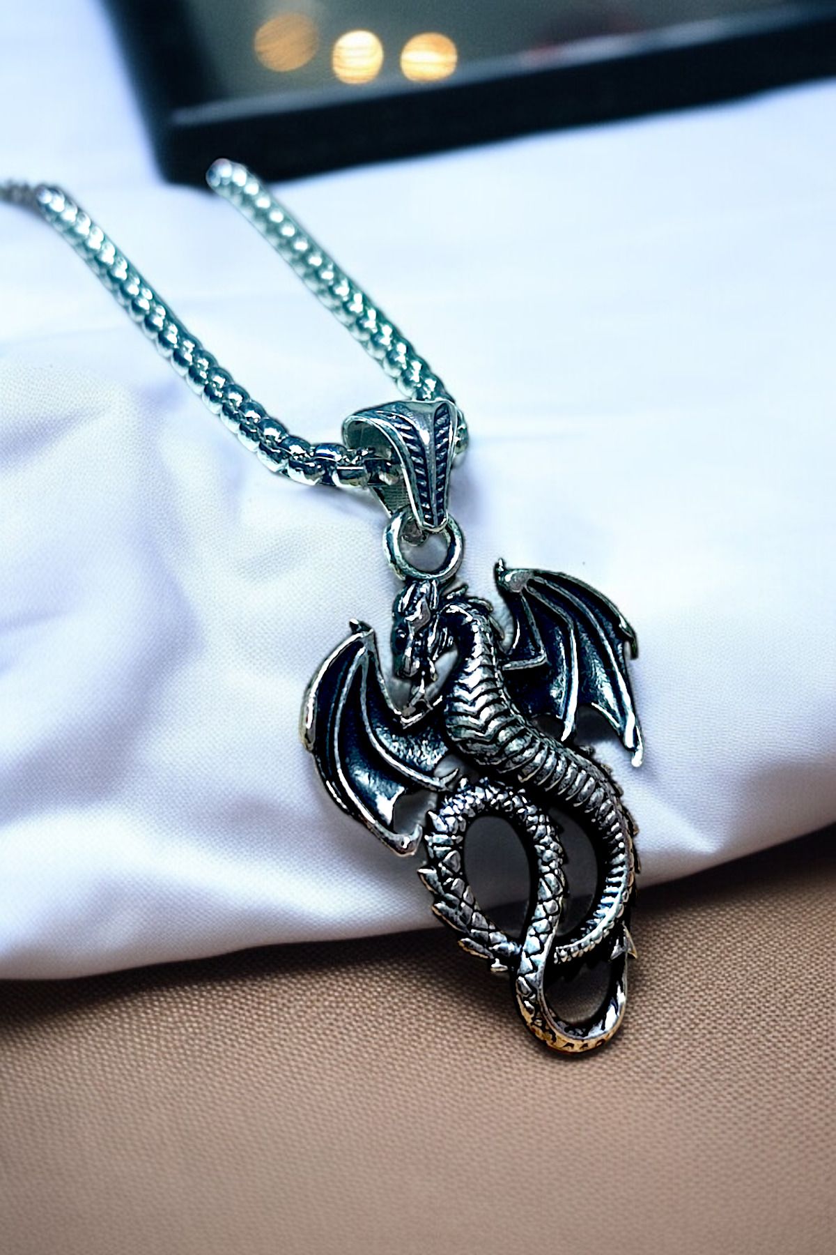 AK STORE SİLVER Gümüş Kaplama Krom-Çelik Erkek Kolye Madalyon Uçan Ejderha Dragon