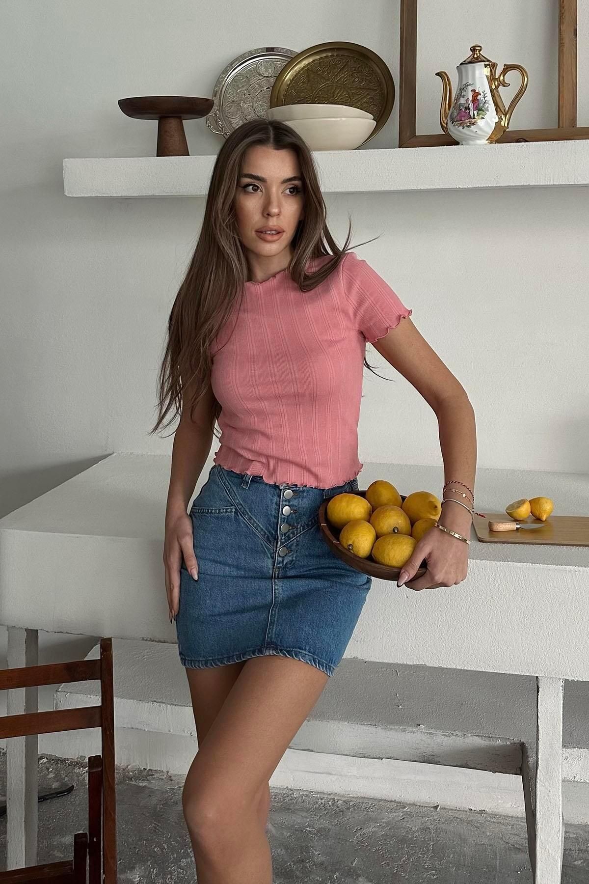 Moda cameo Yumoş Kıvrımlı Crop Pembe