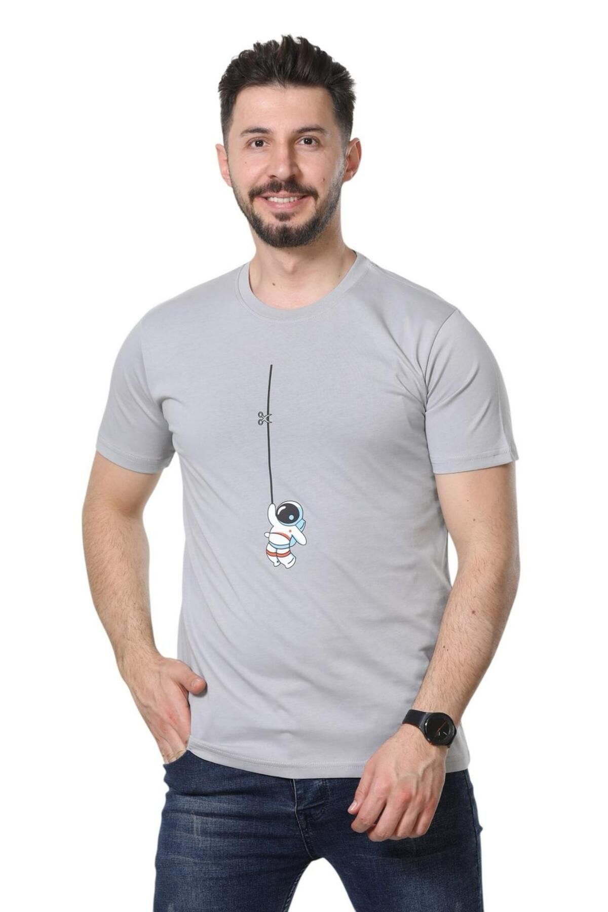 GEZEGENX %100 Pamuk Regular Fit Bisiklet Yaka Basic Düz Kısa Kollu Tişört Astronot Baskılı