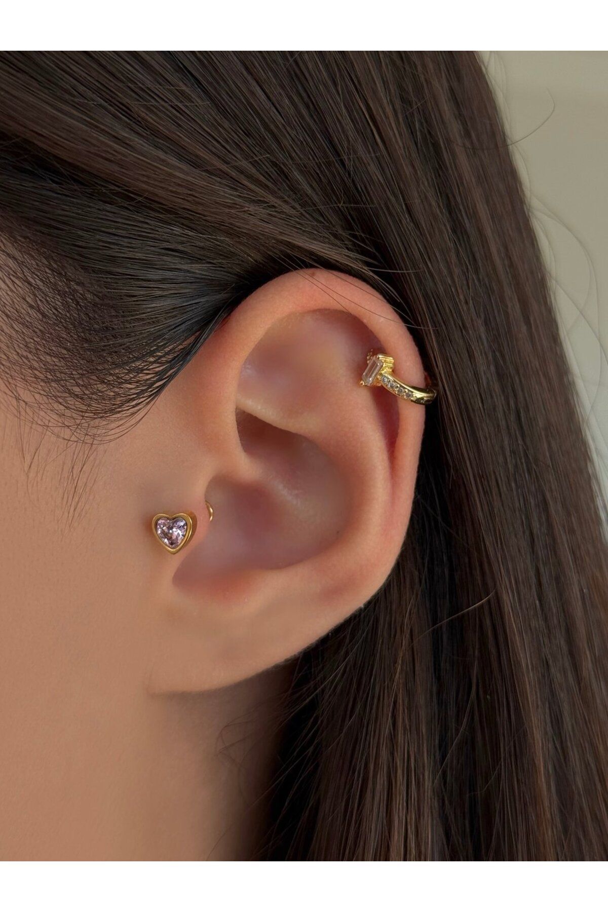 H&B Design Cerrahi Çelik Gold Pembe Kalp Detaylı Piercing
