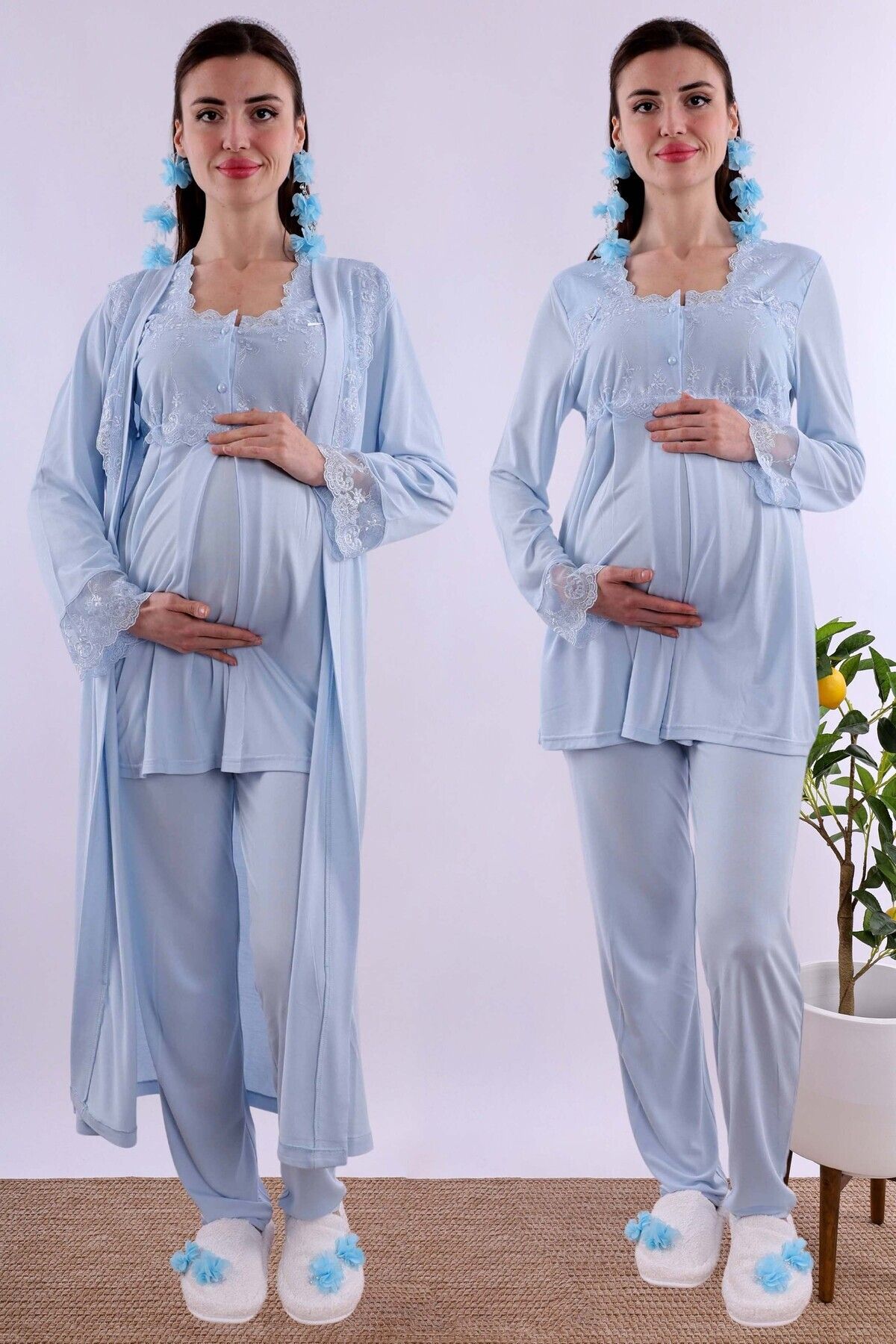 ByLohusa Effortt Mavi Uzun Sabahlıklı Hamile Lohusa Pijama Takımı