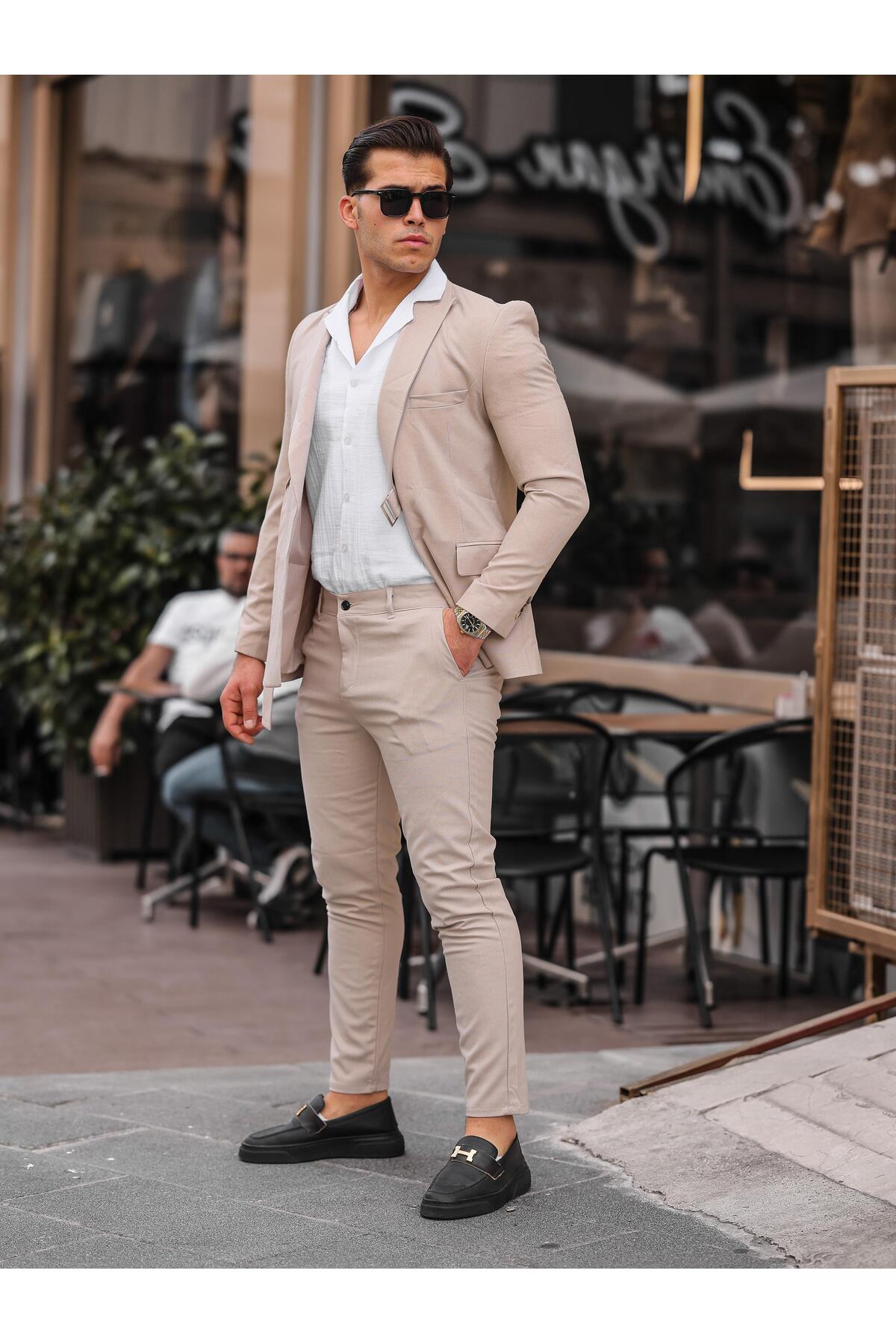 Erkek Slim Fit Dar Kesim Takım Elbise — بژ TKM-0001 — تصویر 4 از 5