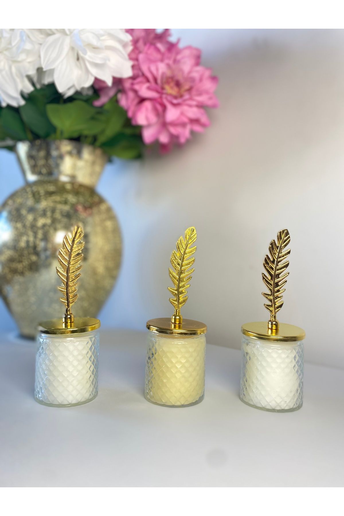 begonvil luxury Gold Tasarım Kapaklı 3’lü Mum Seti