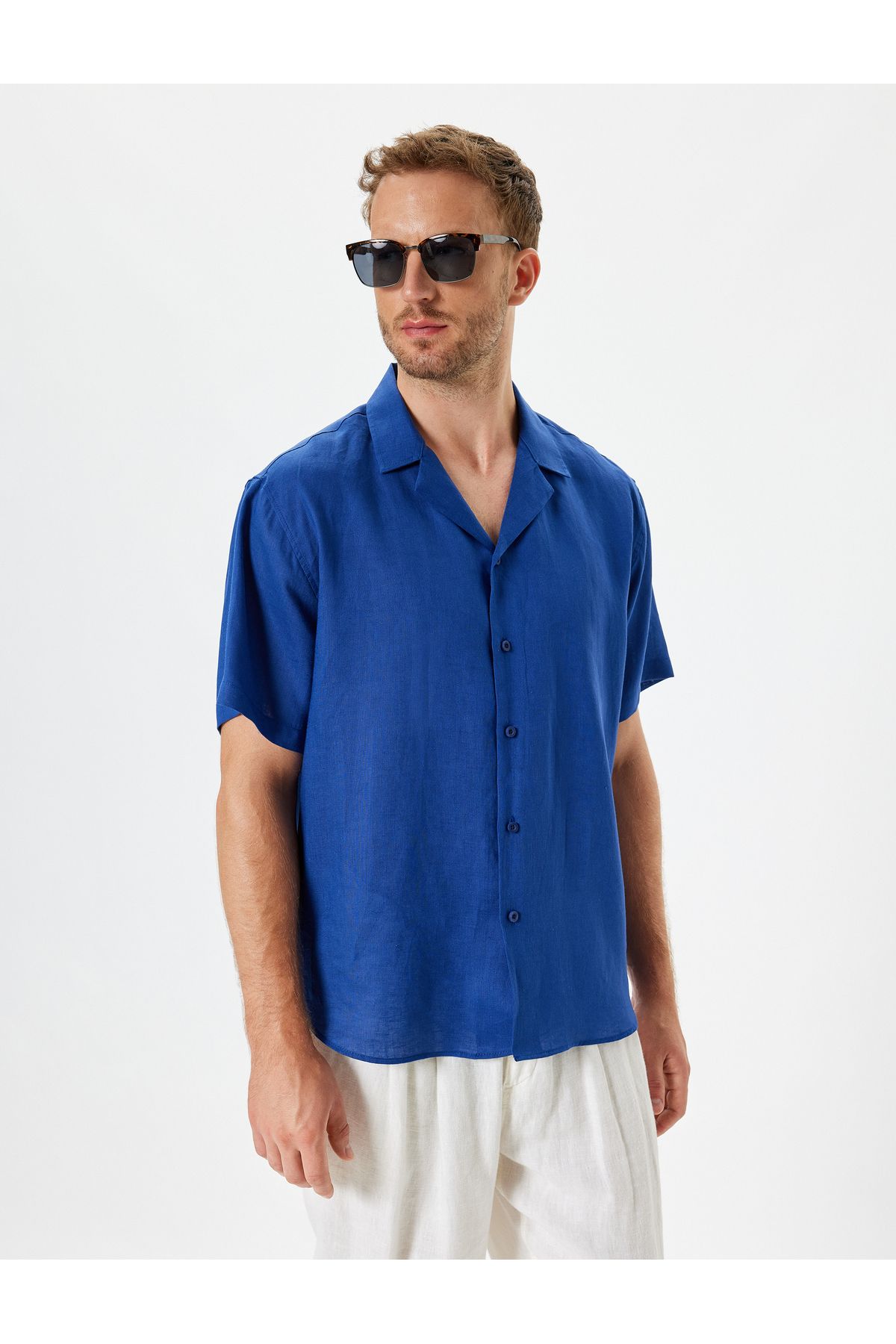 Koton Yeni Sezon Keten Gömlek Basic Devrik Yaka Regular Fit