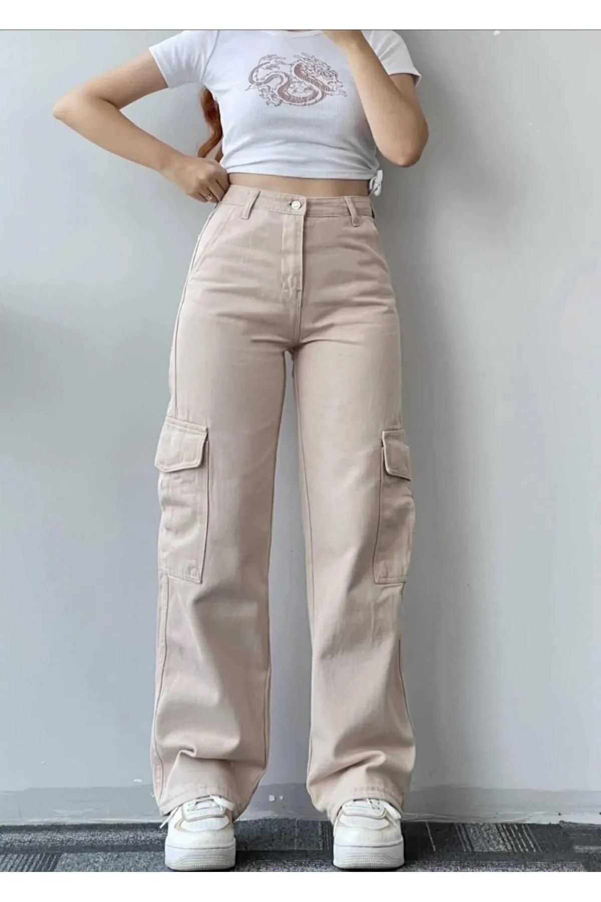 BİRDALİFE WEAR Kadın Kargo Cep Palazzo Wide Leg Bej Yüksek Bel