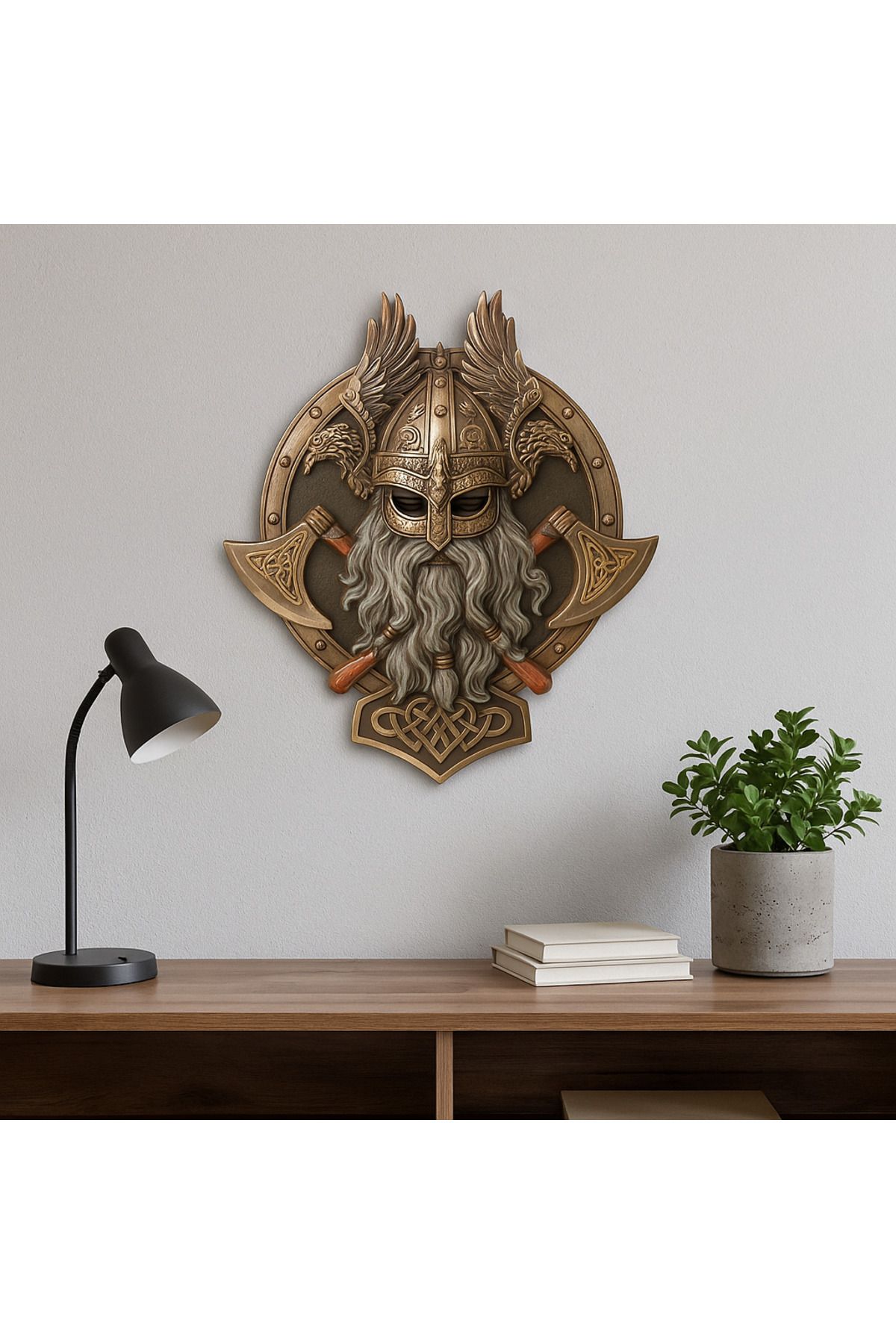 AYDINARTSHOP Viking Duvar Süsü – Mitolojik Savaşçı Figürü ve Çift Balta Detaylı Bronz Dekoratif Obje