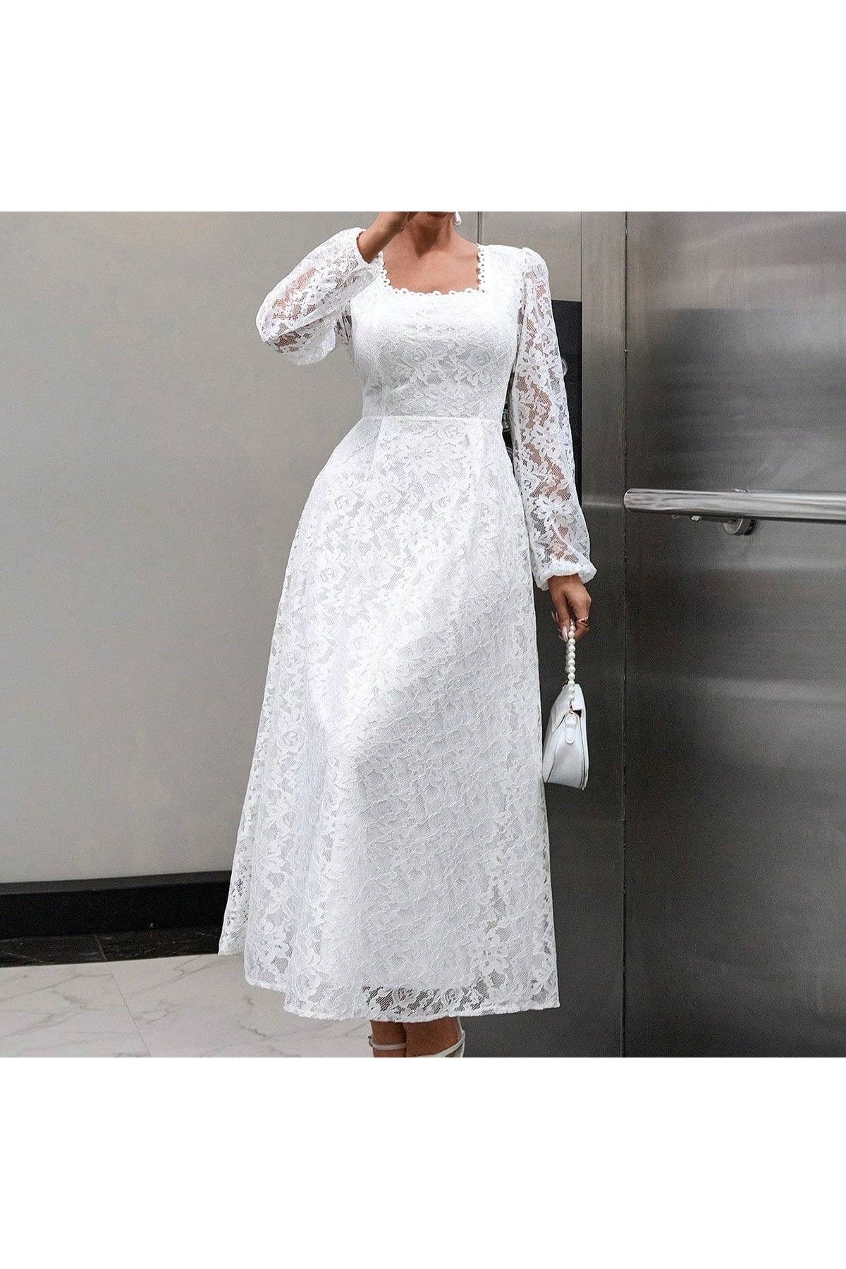 mass fashion Kadın Kare Yaka Dantel Detaylı Uzun Elbise - Beyaz