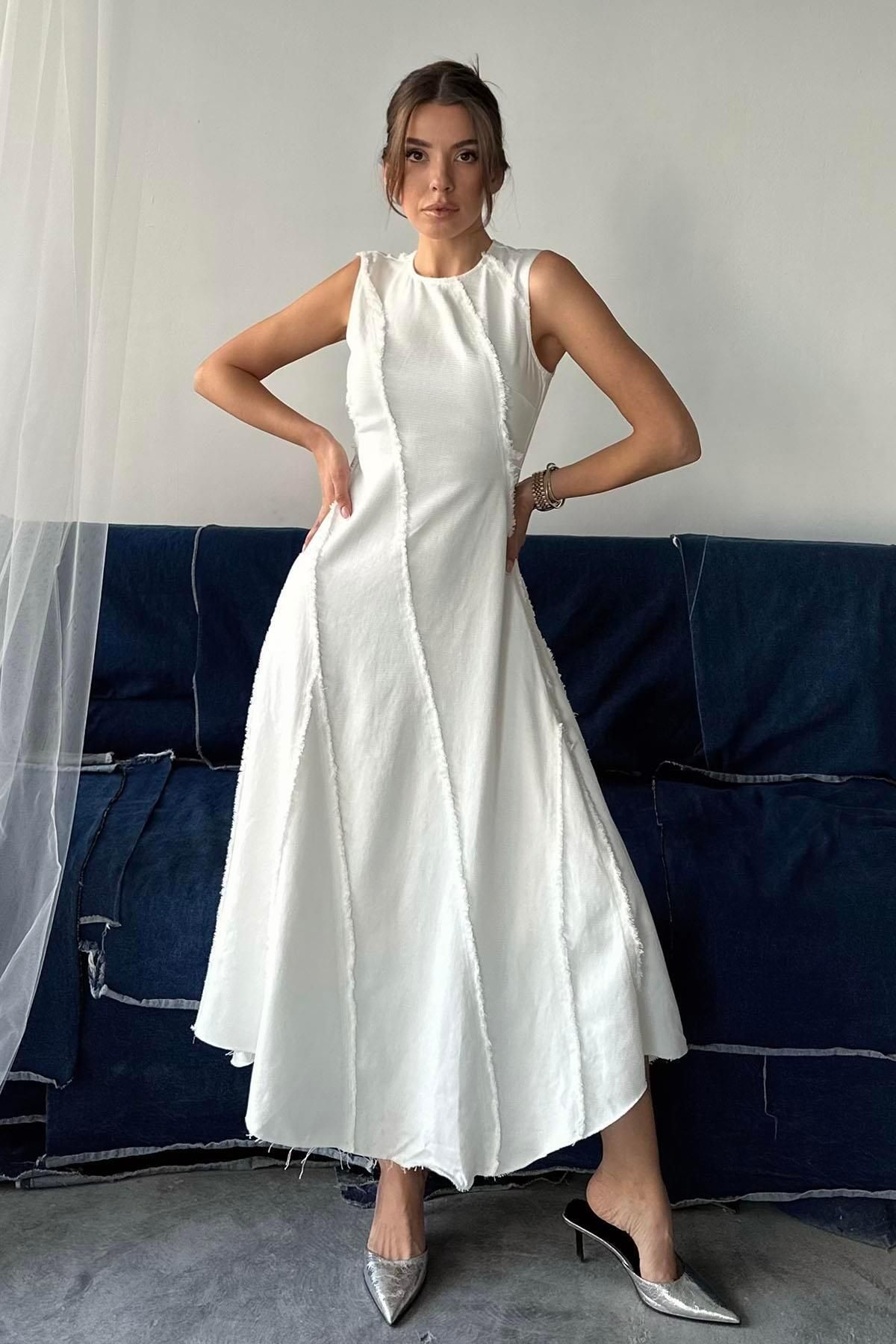 Moda cameo Asimetrik Kot Maxi Elbise Beyaz