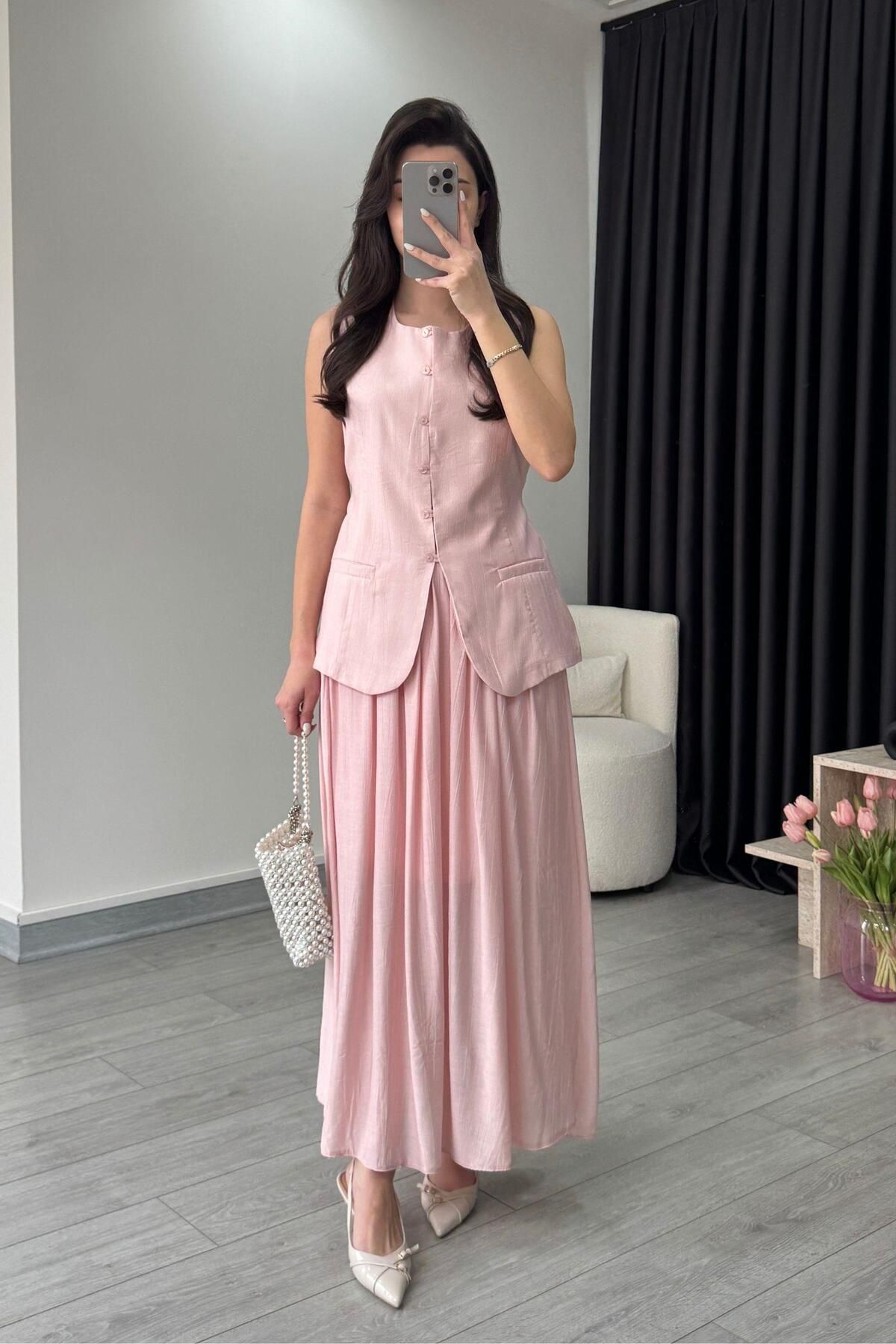 ECEMİ Astarlı Pembe Yelek Etek Takım