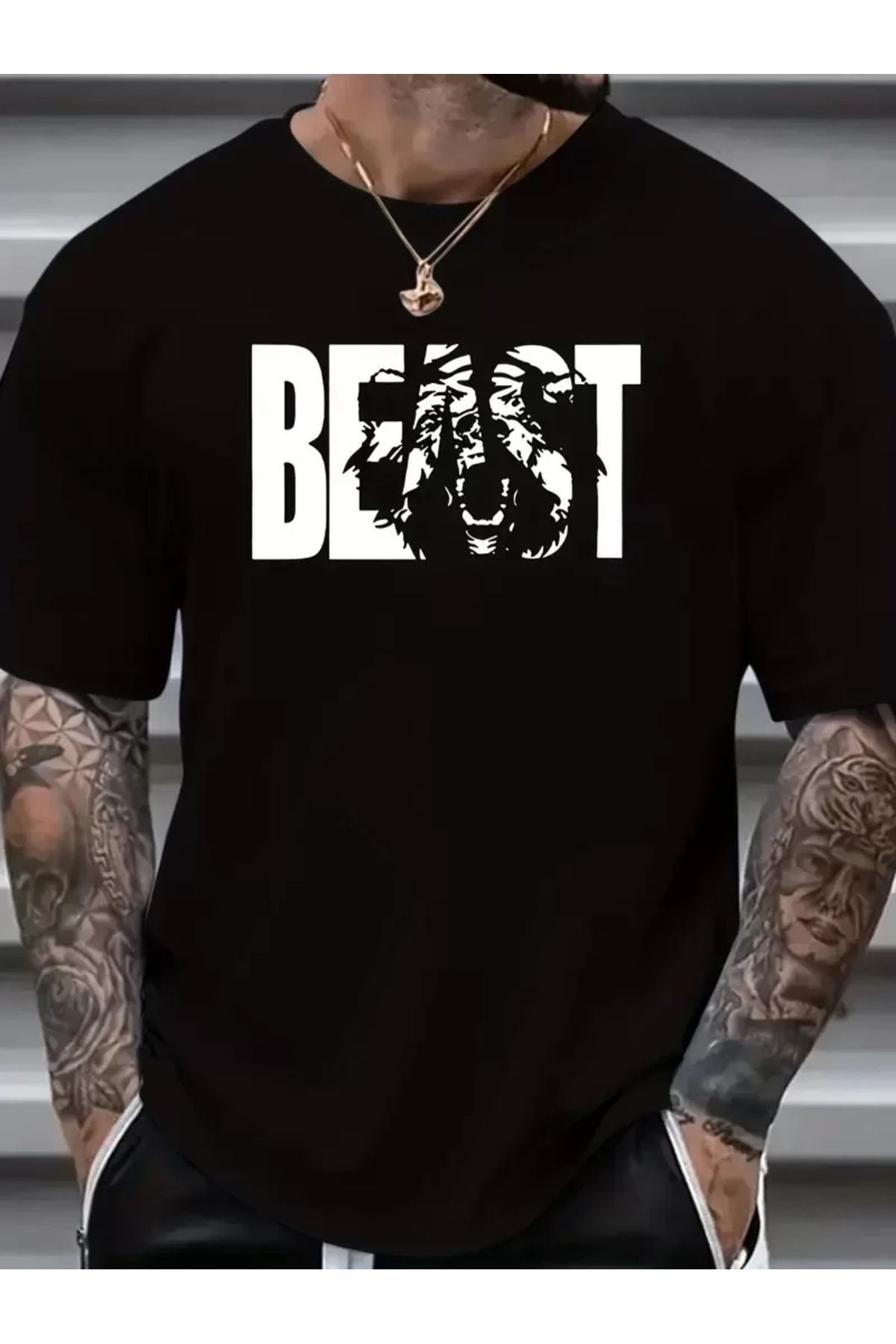 REKA MODA Baskılı Oversize Bisiklet Yaka T-shirt - Siyah