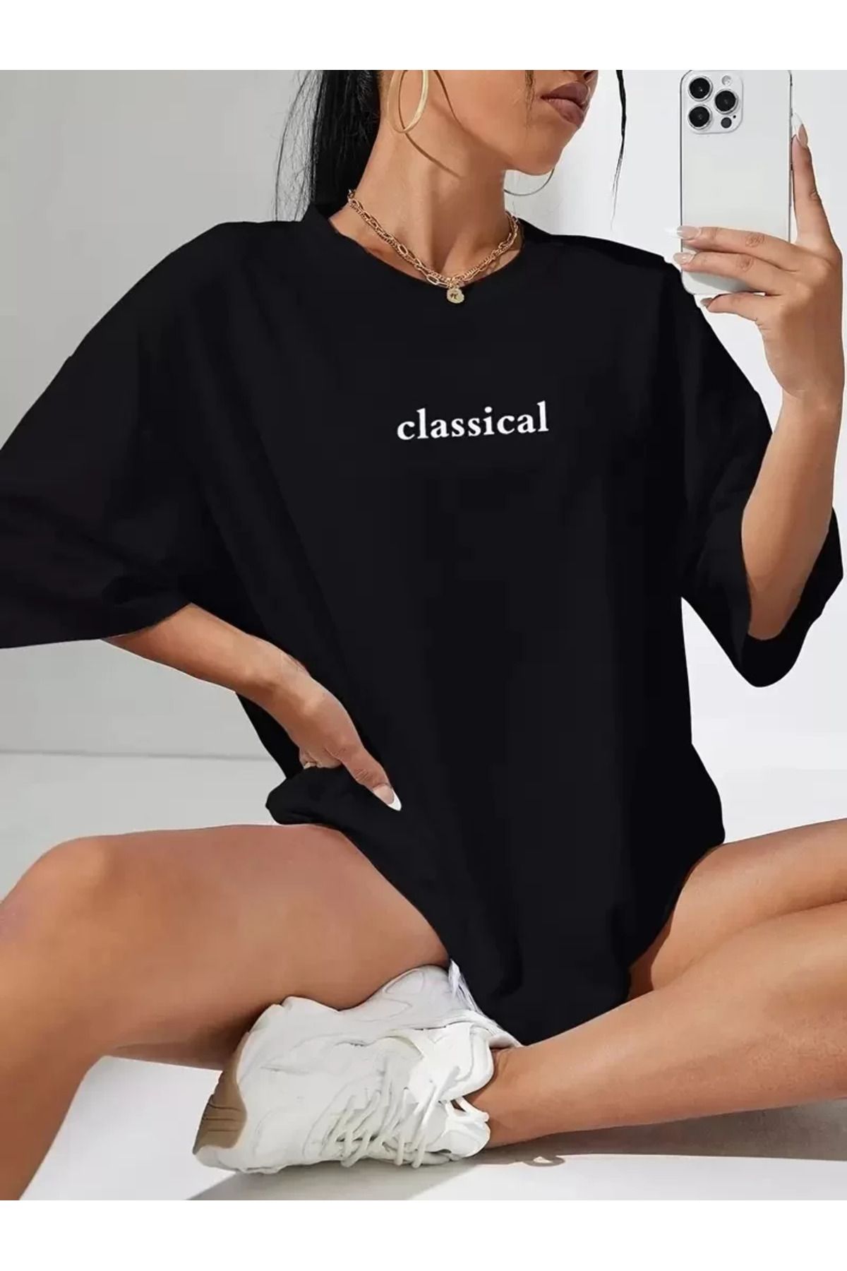 REKA MODA Baskılı Oversize Bisiklet Yaka T-shirt - Siyah