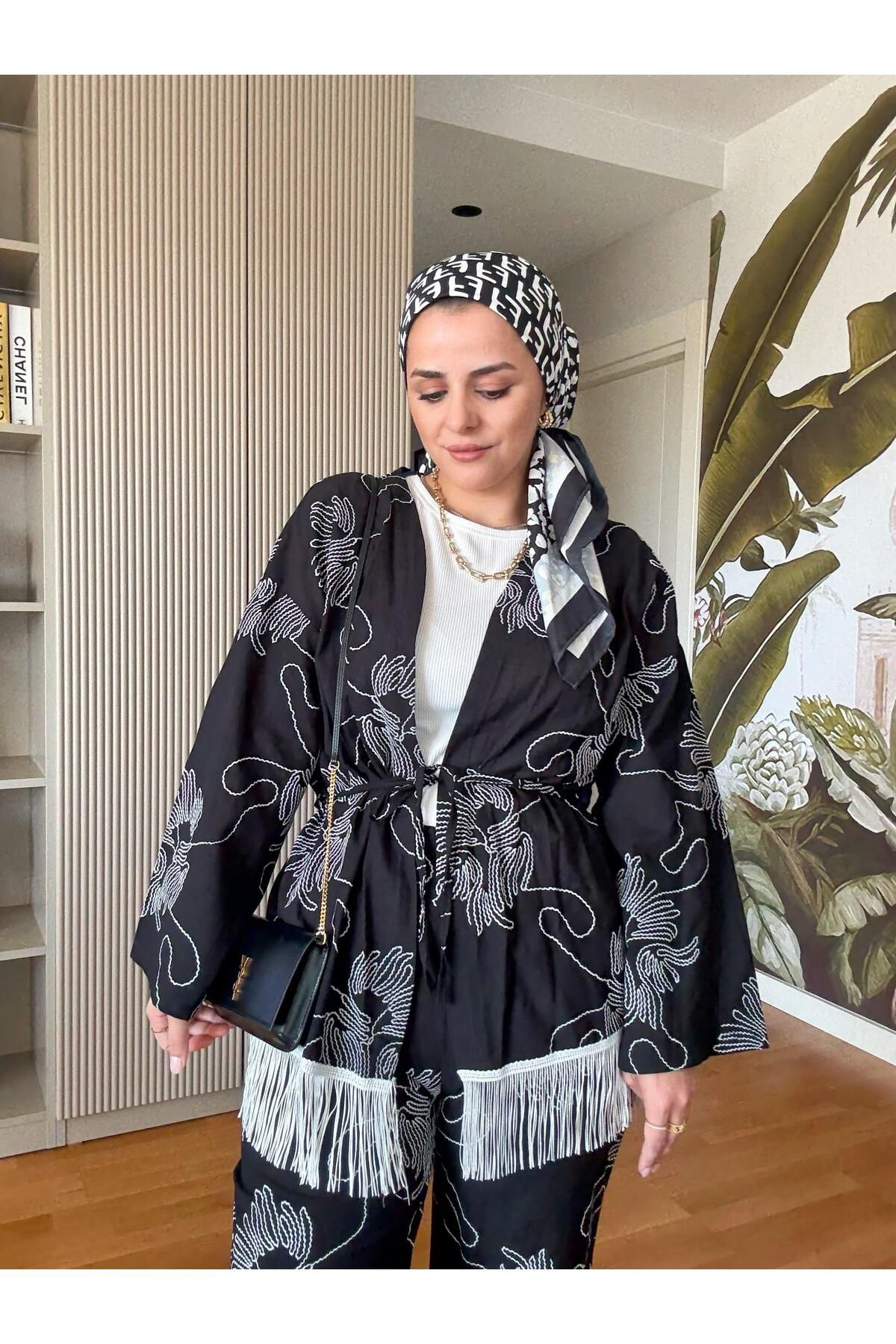 Aselim Hijap Moda 3'lü Püsküllü Kimona Takım Tunik+İçlik+Pantolon Siyah