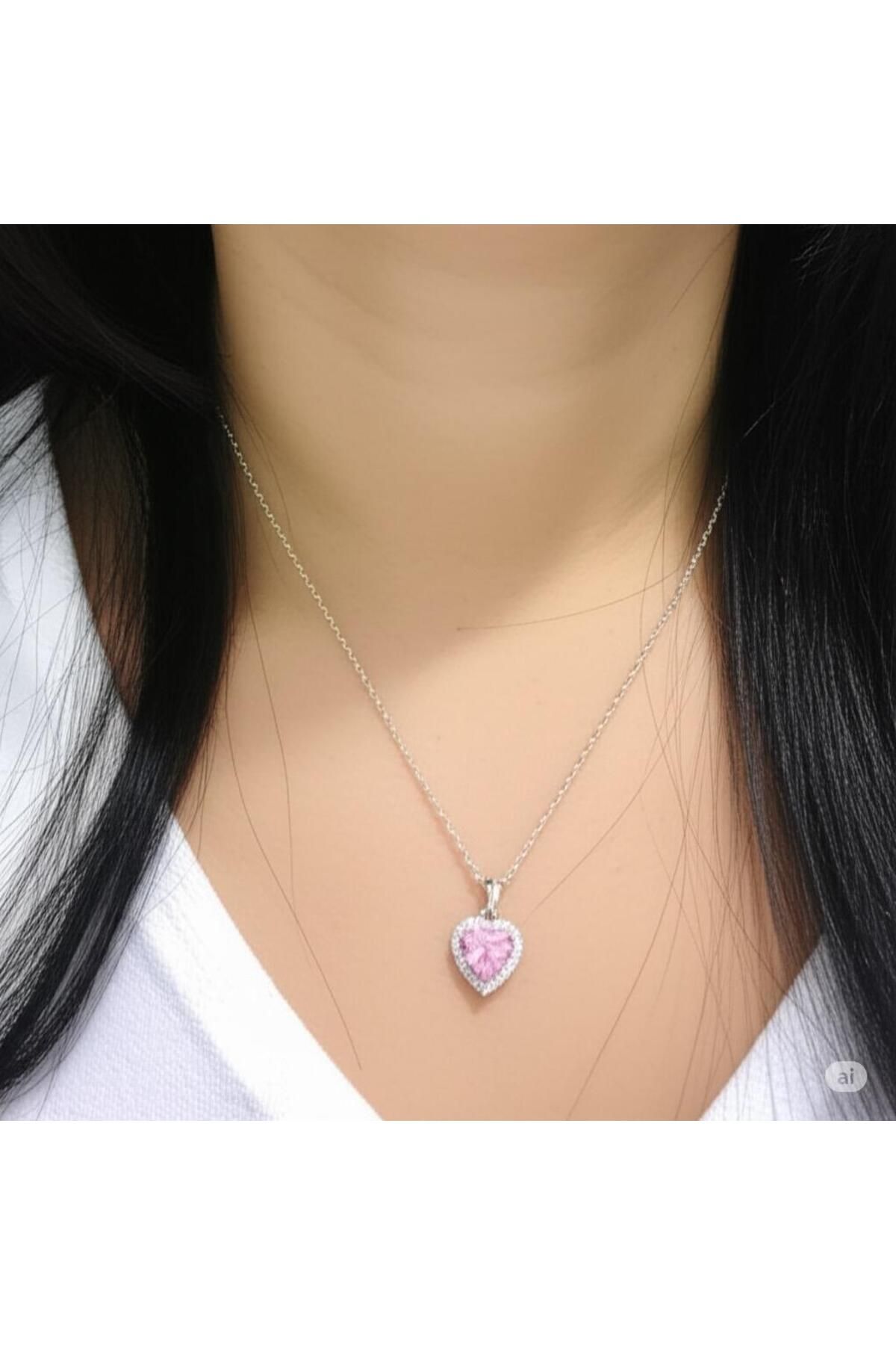 magische Gümüş renk aşkın sembolü kalp pembe taş detaylı kolye