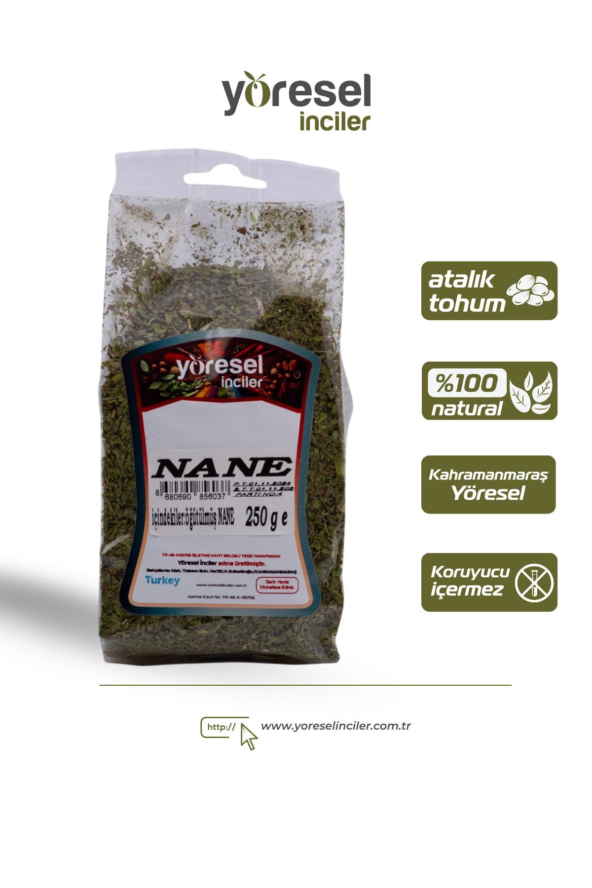 YÖRESEL İNCİLER Yerli Gün Kurusu Nane 250 Gr. (Atalık Tohum, Güneşte Kurutulmuş)