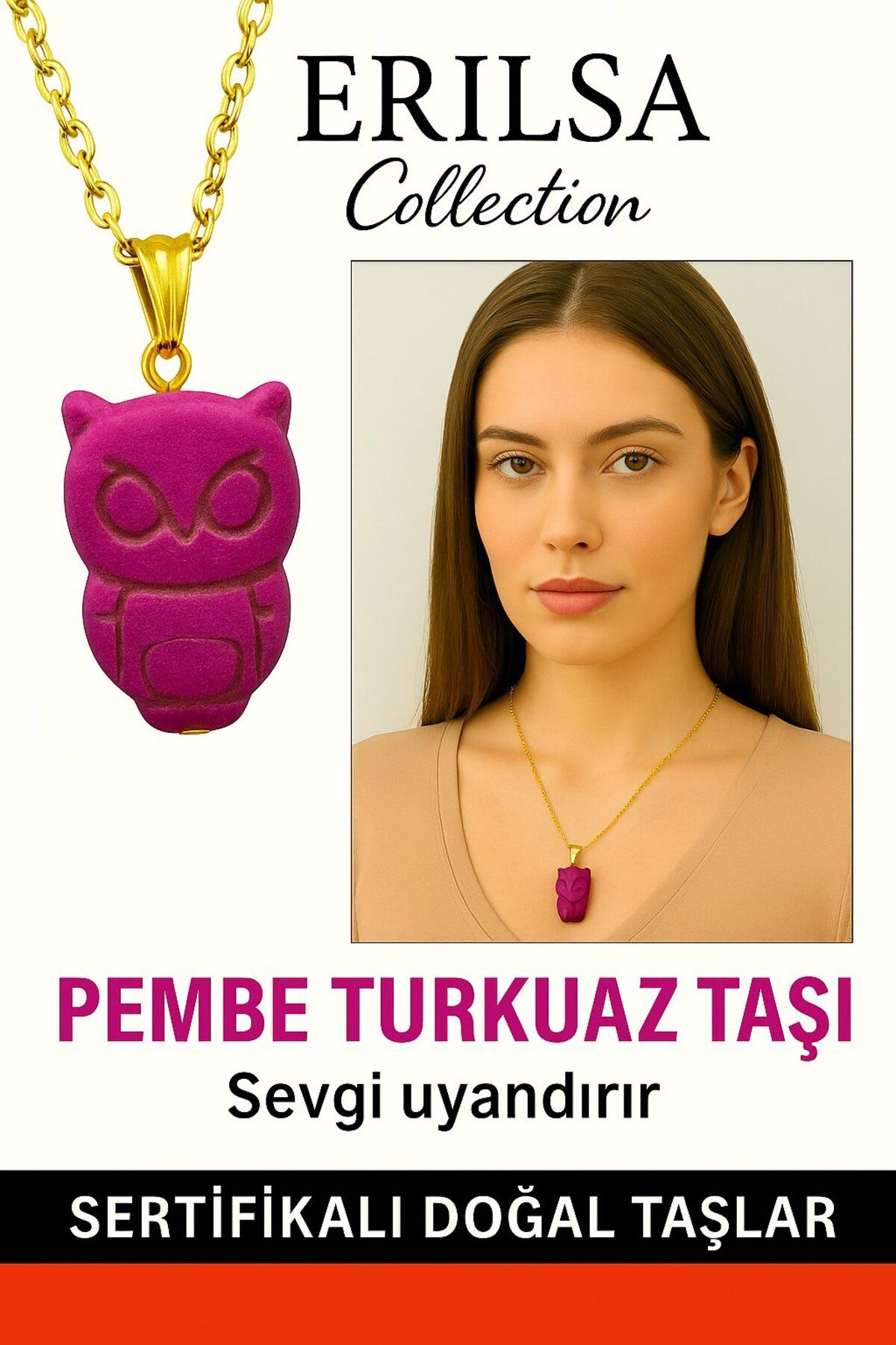 Erilsa Sertifikalı Gold Baykuş Model Pembe Turkuaz Taşı Kolye Sevgi ve Huzur Verir