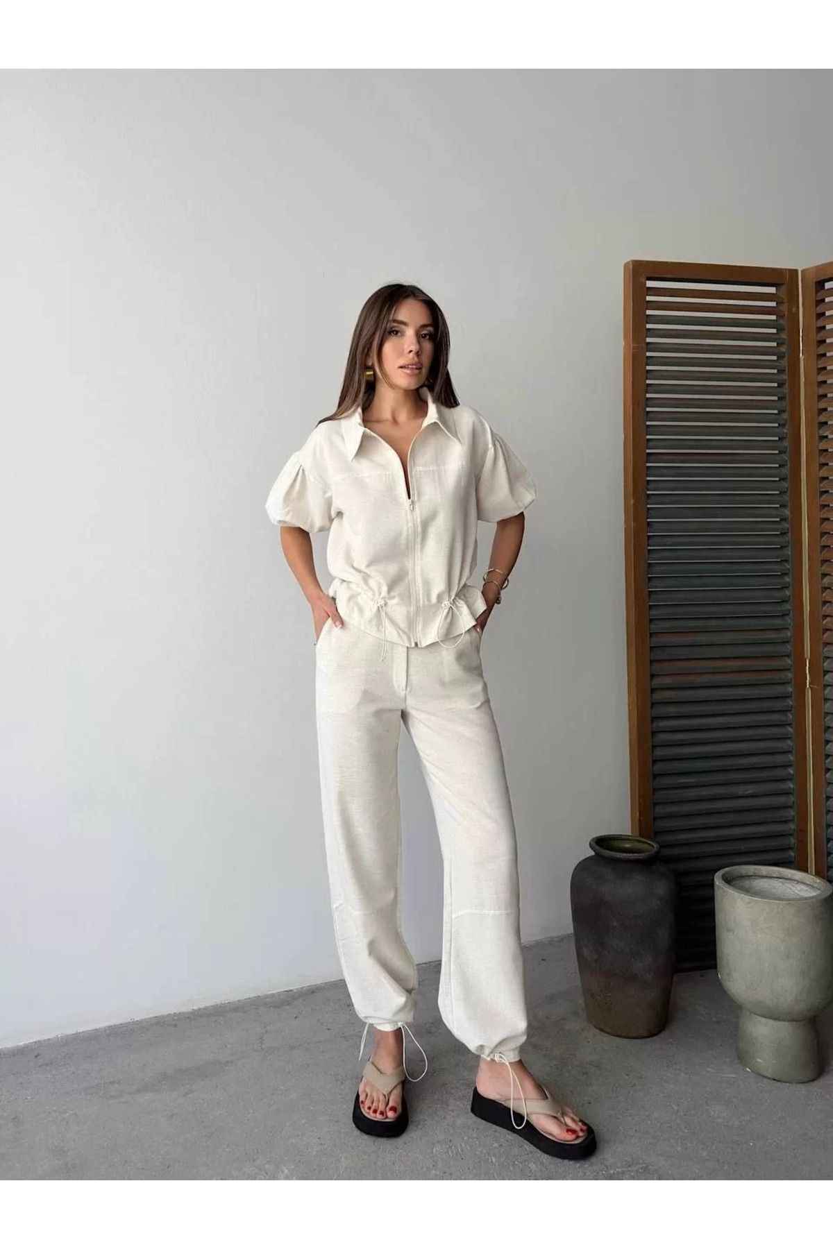 REKA MODA Keten Tam Fermuarlı Kısa kollu Gömlek Pantolon ikili Takım - Beyaz
