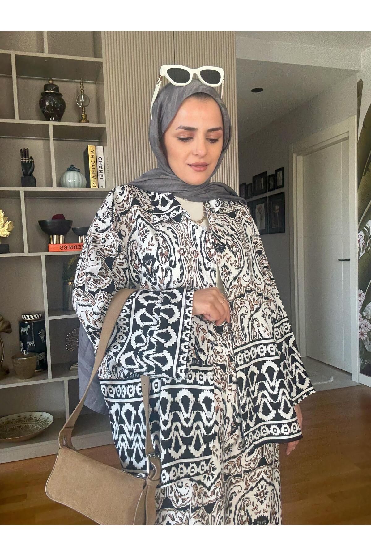 Aselim Hijap Moda Pamuk Viskon Etnik Desenli Kimona Gömlek Takım Siyah
