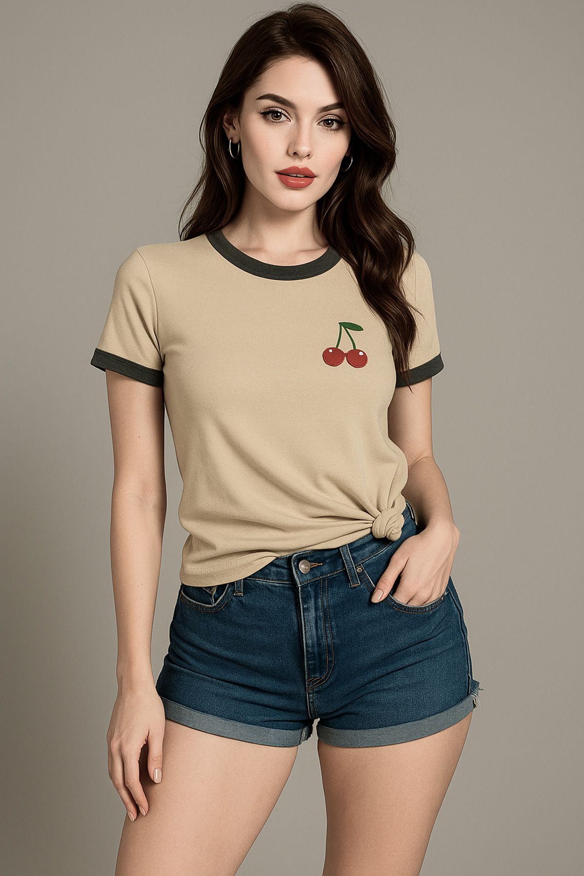 Sweetline Kiraz Baskılı T-Shirt - Bej Gövde Füme Biyeli Oversize Bisiklet Yaka Kısa Kol Tişört